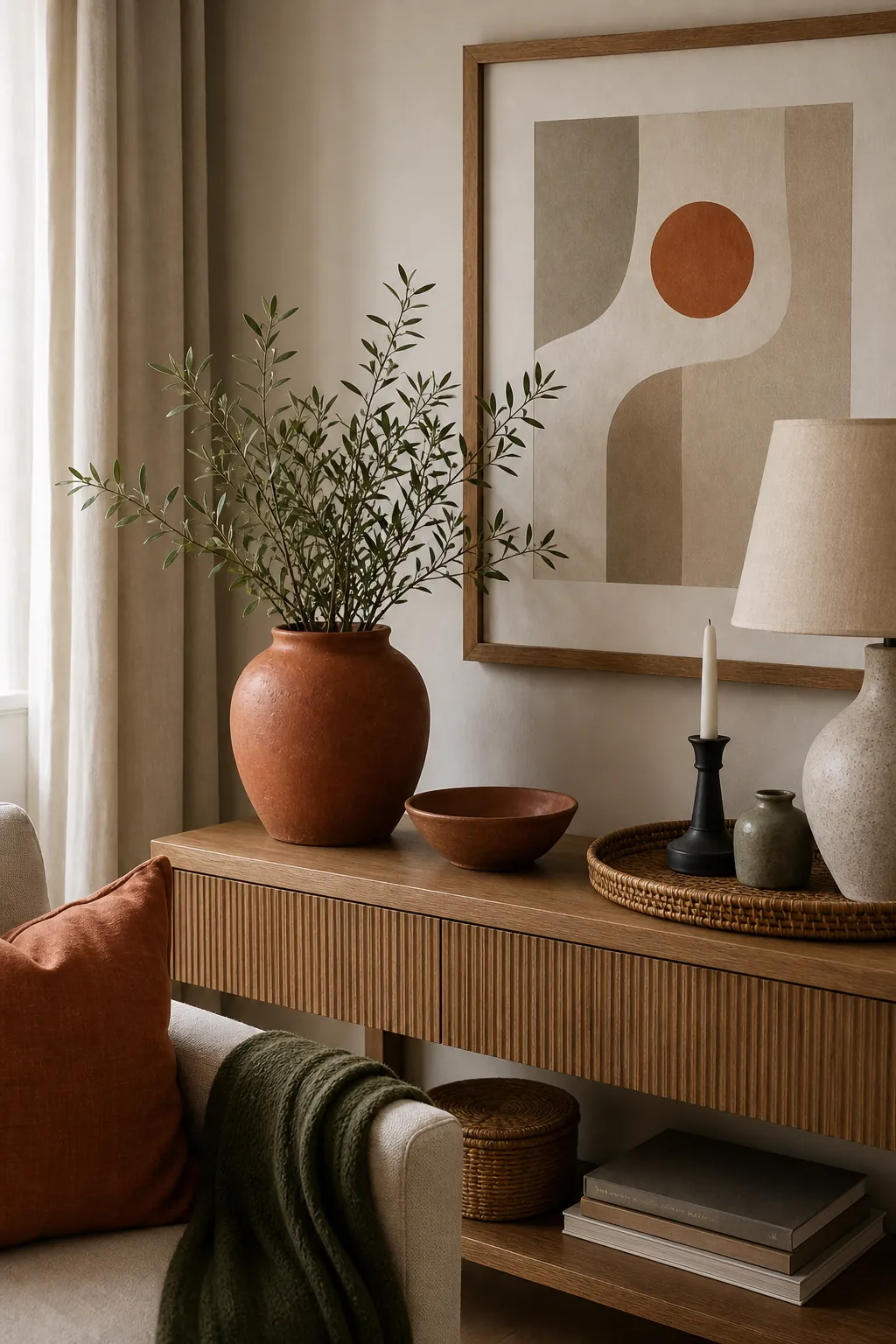 Terracotta accent color shown in a ceramic vase, bowl, pillow, and art detail