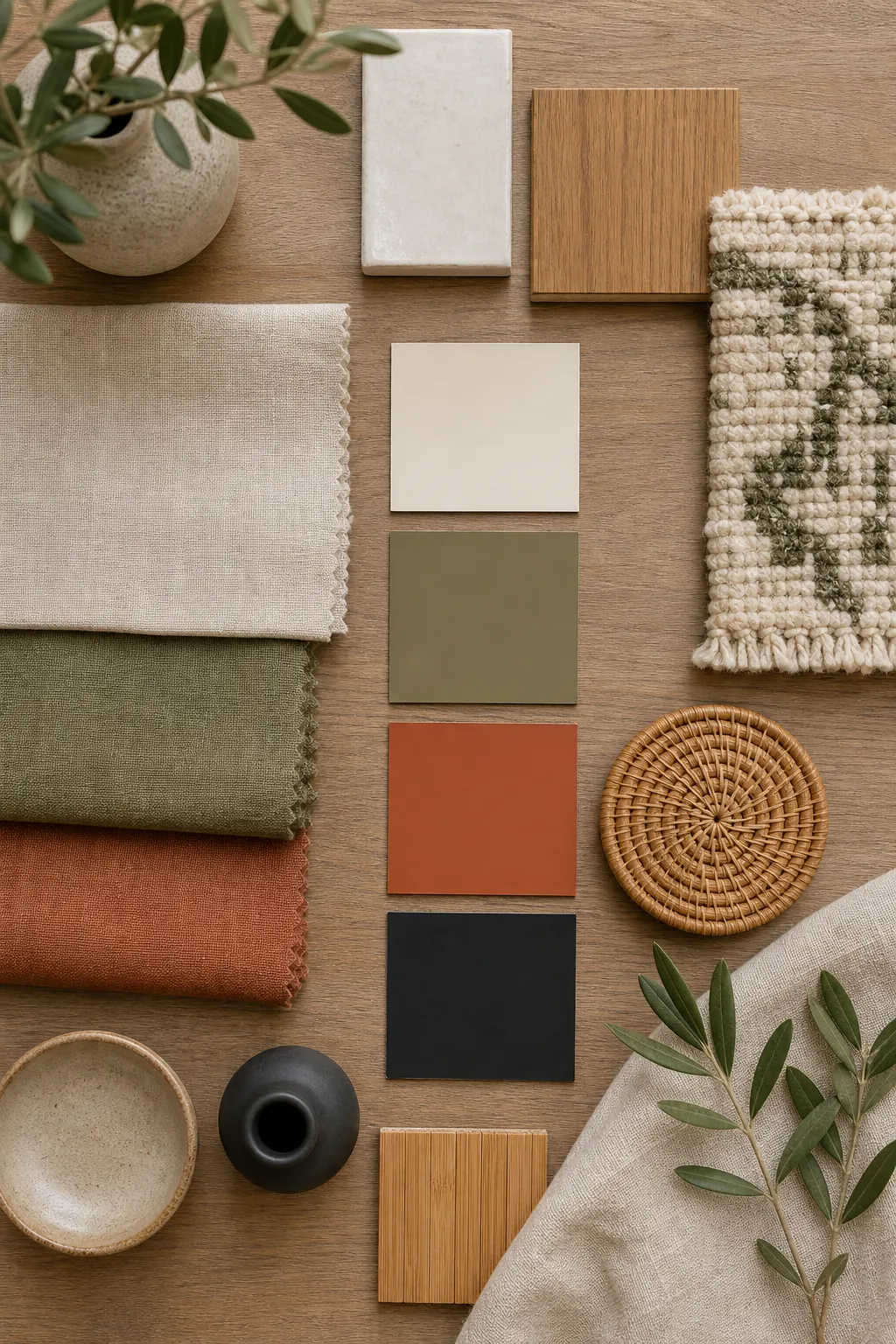 Home decor palette board with warm white, muted olive, terracotta, soft black, linen, wool, bamboo, ceramic, and wood samples