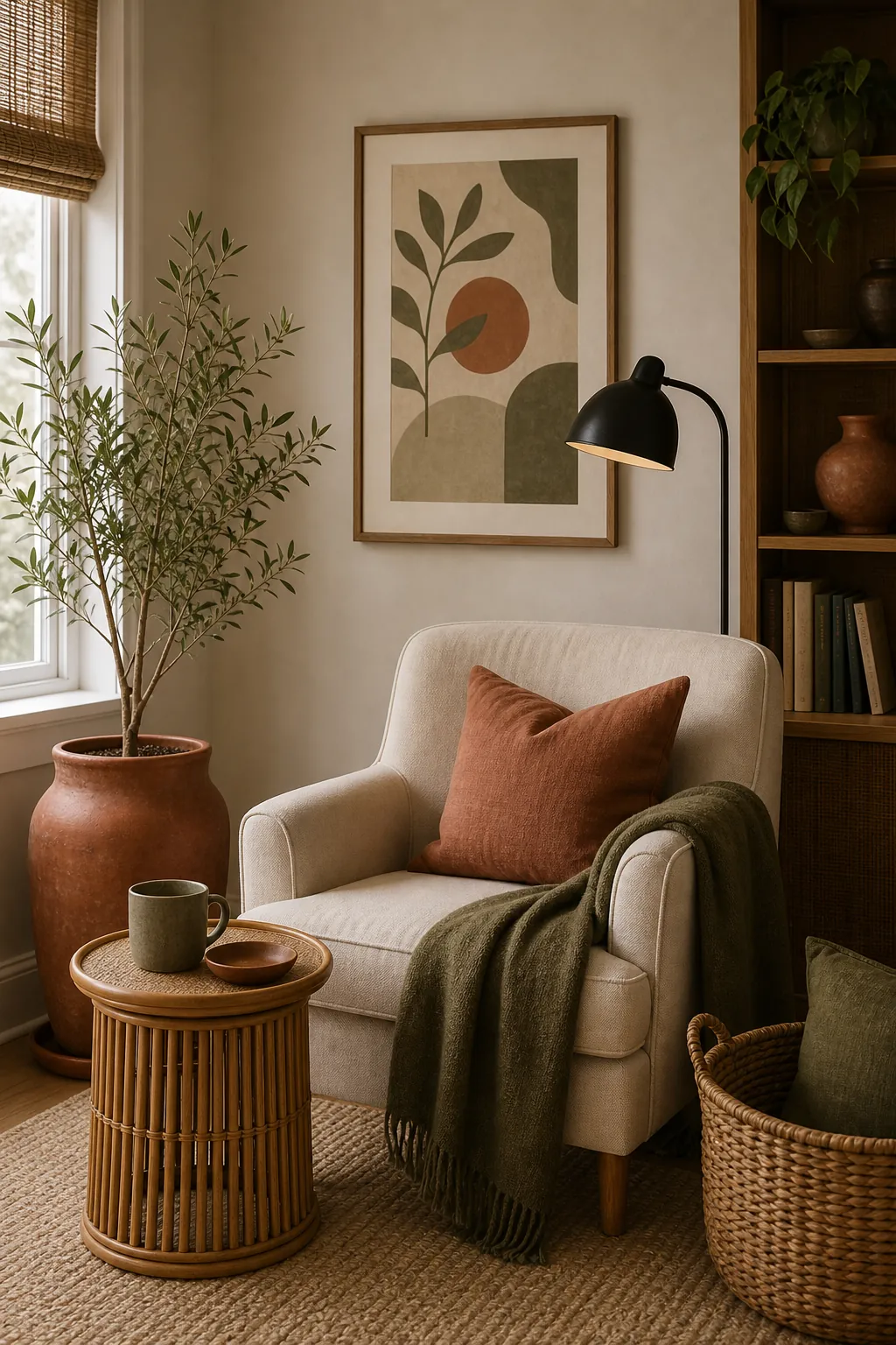 Reading nook with cream chair, olive throw, terracotta planter, bamboo side table, black lamp, and art repeating the palette
