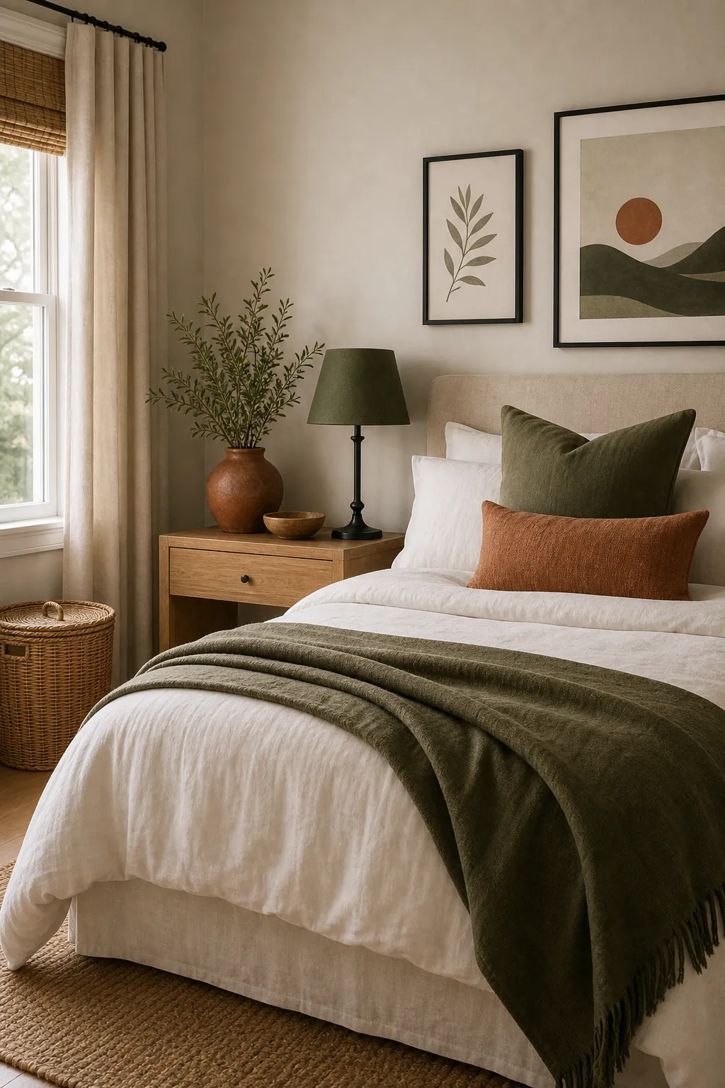 Bedroom carrying a warm white, olive, terracotta, pale oak, bamboo, and soft black palette from room to room