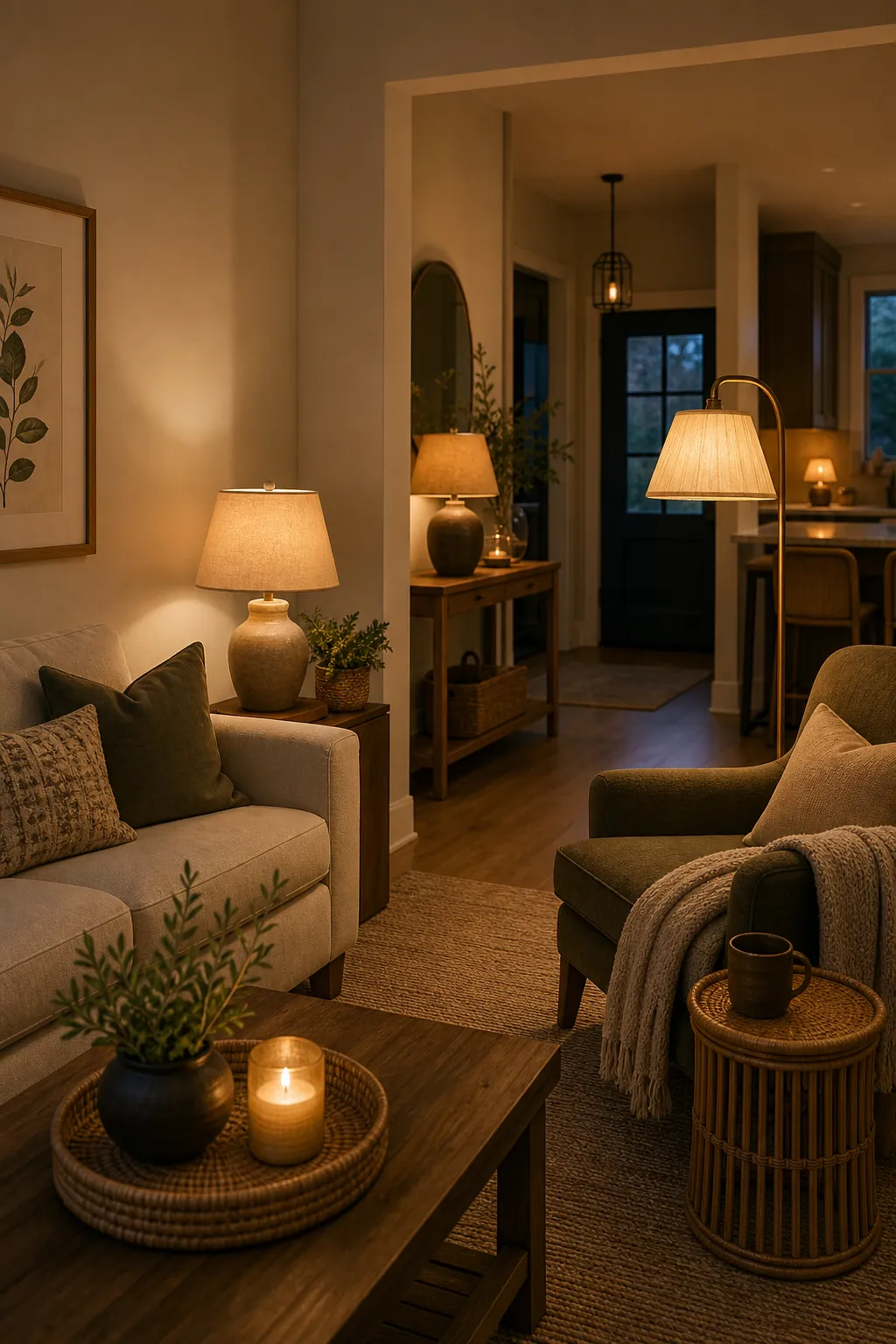 Cozy home interior with table lamps, floor lamps, entryway lamp, and kitchen counter lamp creating layered warm light