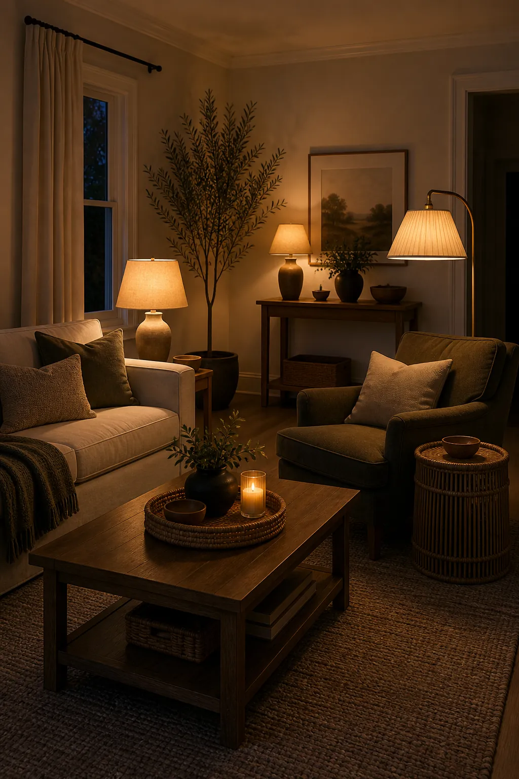 Living room with table lamp, floor lamp, and console lamp placed in a triangle around the seating area