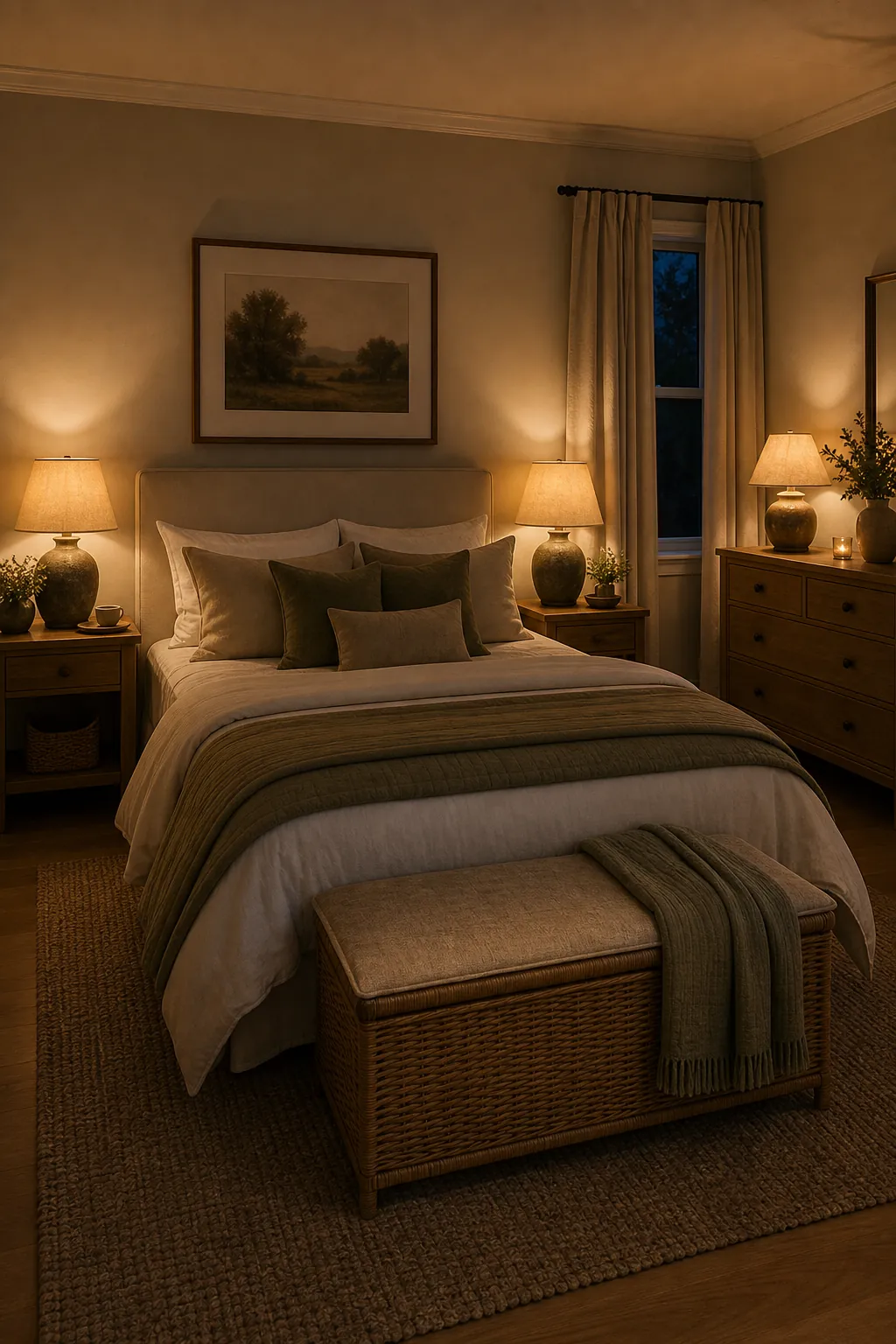 Bedroom with balanced bedside lamps, warm bulbs, and a small dresser lamp across the room