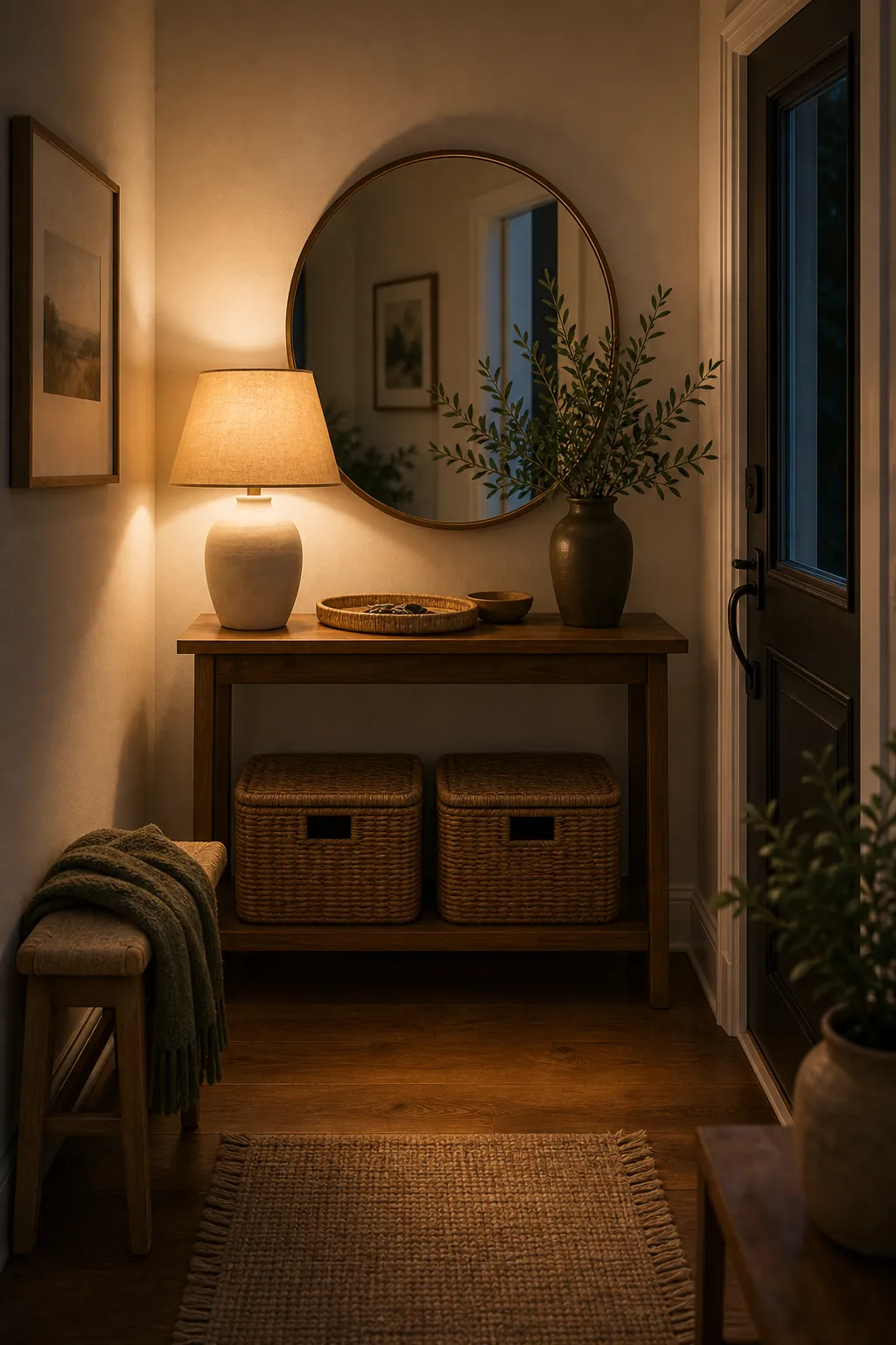 Compact entryway with ceramic console lamp beside a round mirror, lidded baskets, and bamboo key tray