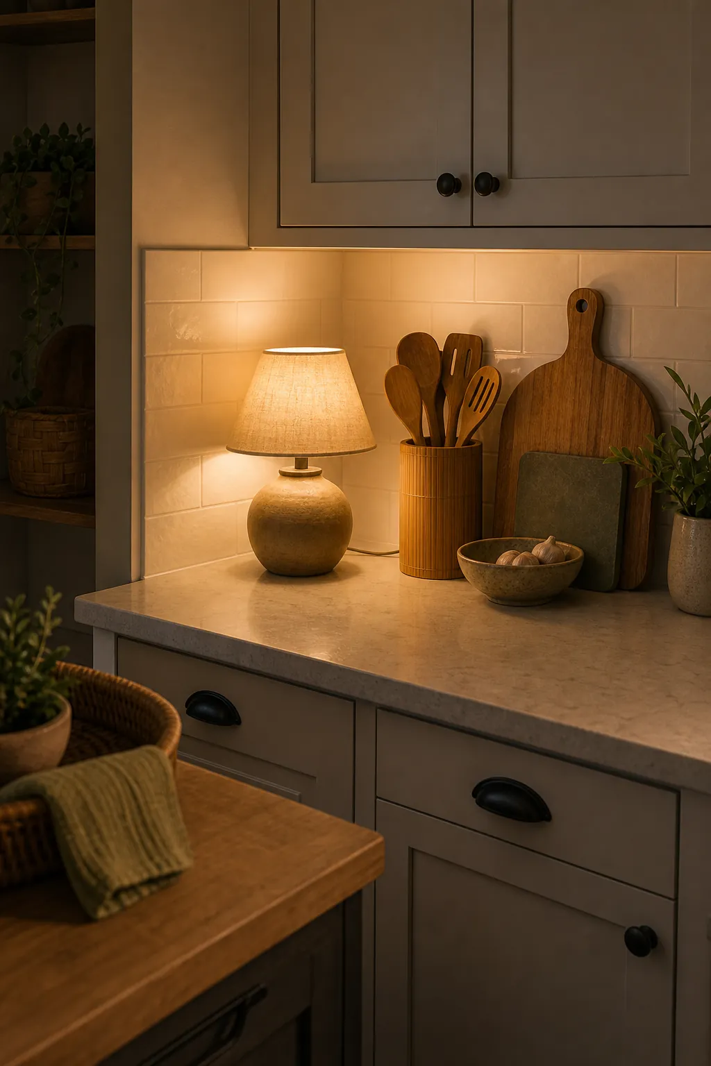 Kitchen counter corner with a compact shaded lamp placed away from sink and stove for cozy evening light