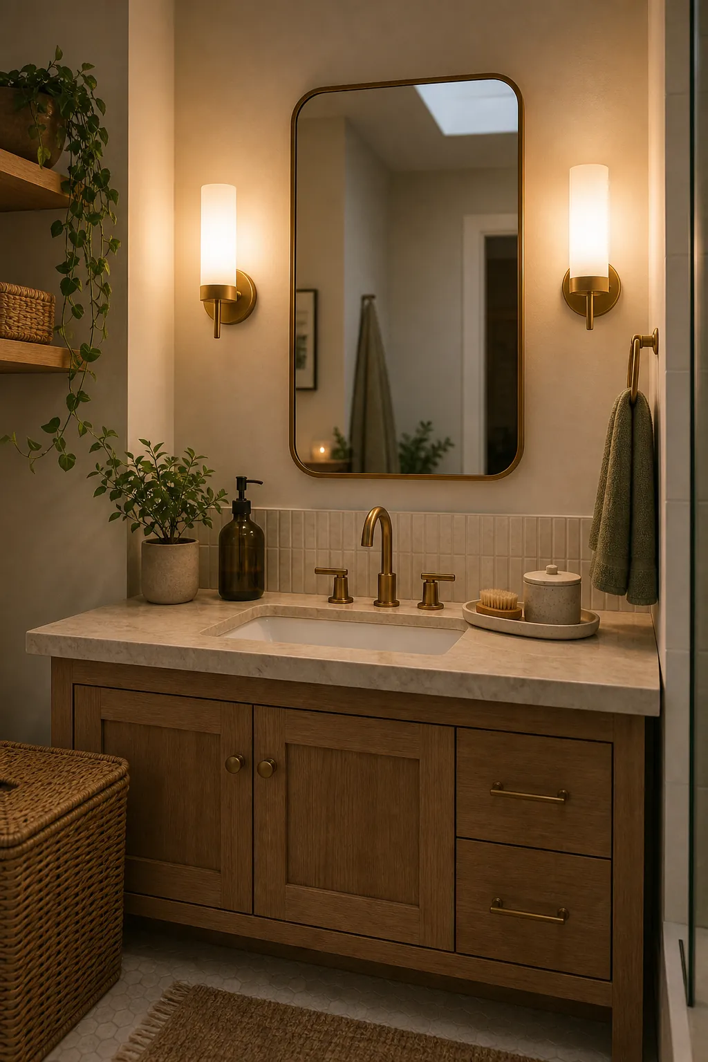 Small bathroom vanity with warm wall sconces flanking the mirror and woven bamboo storage