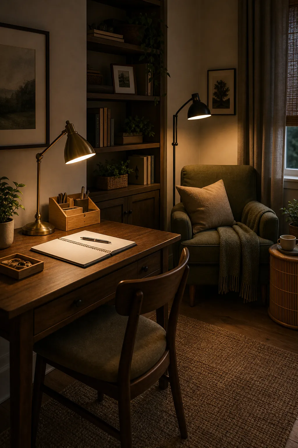 Home office corner with desk task lamp and reading floor lamp placed behind the chair