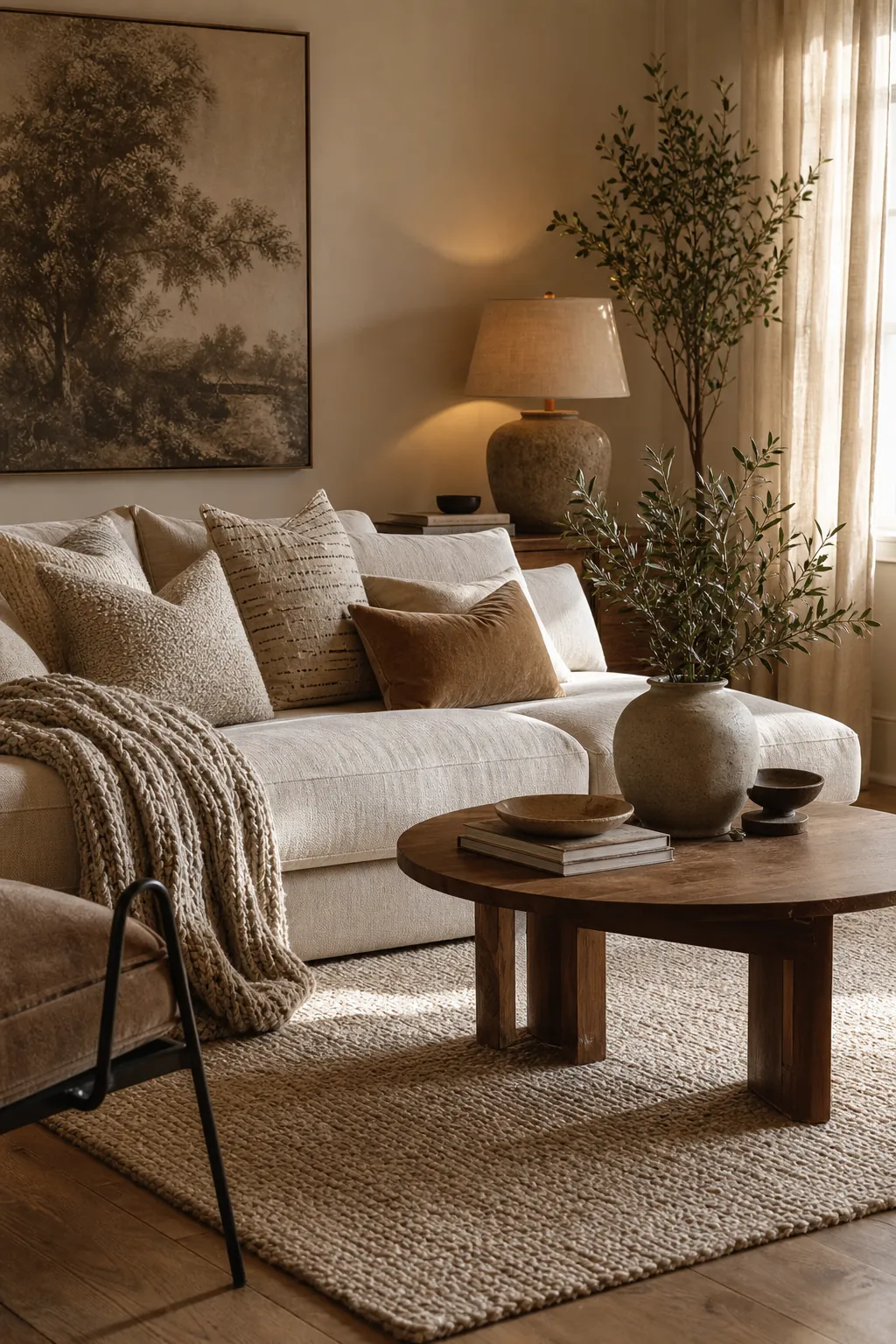 Layered beige living room with textured pillows, warm wood, soft lighting and dark accents