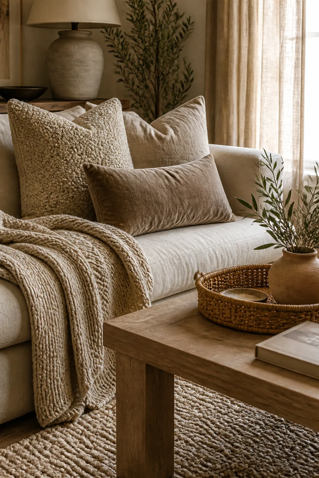 Layered beige sofa with boucle, linen, velvet pillows and a chunky knit throw