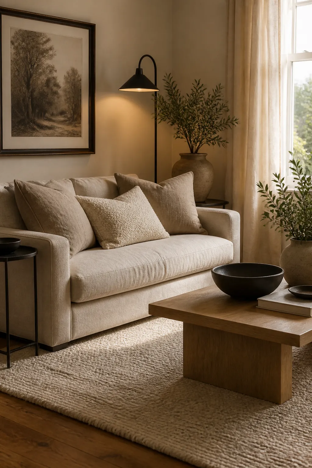 Beige living room grounded with matte black and dark bronze accents
