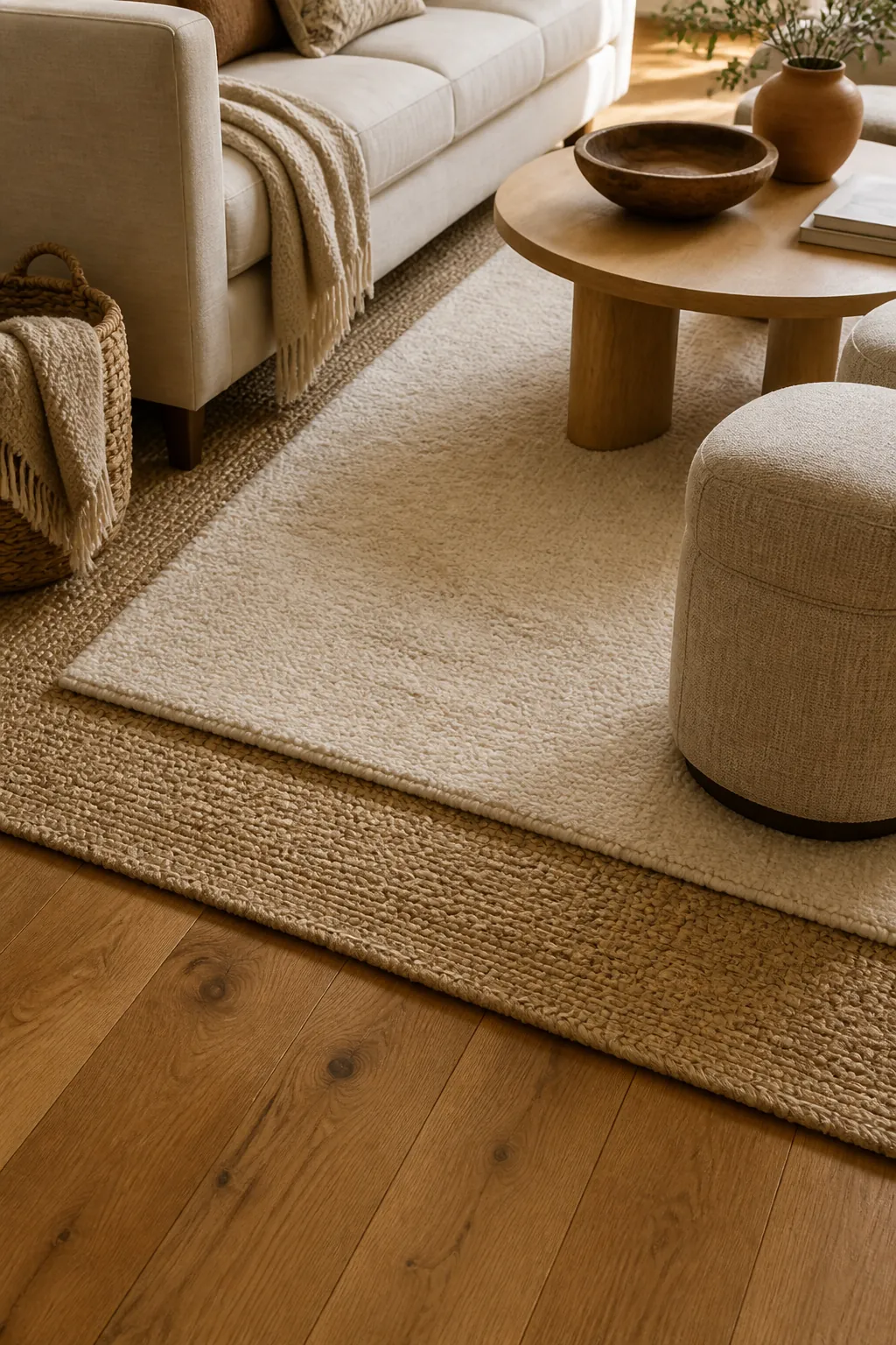 Layered jute and ivory wool rugs under a beige living room seating area