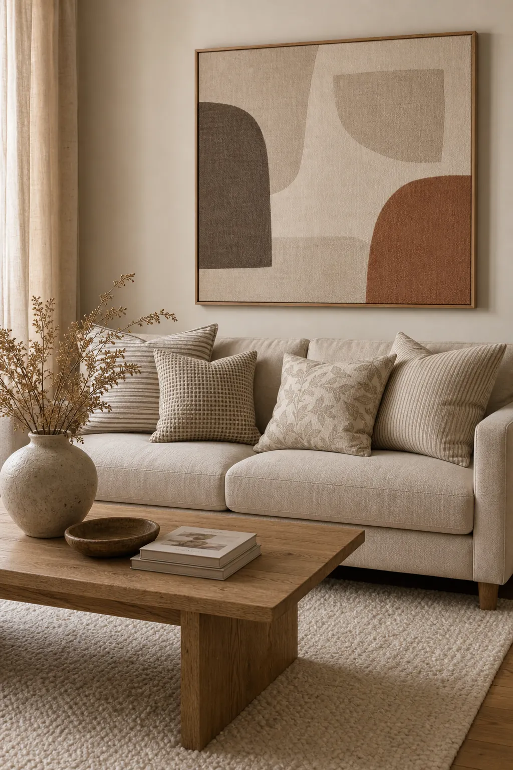 Beige living room with subtle patterned pillows and warm abstract wall art