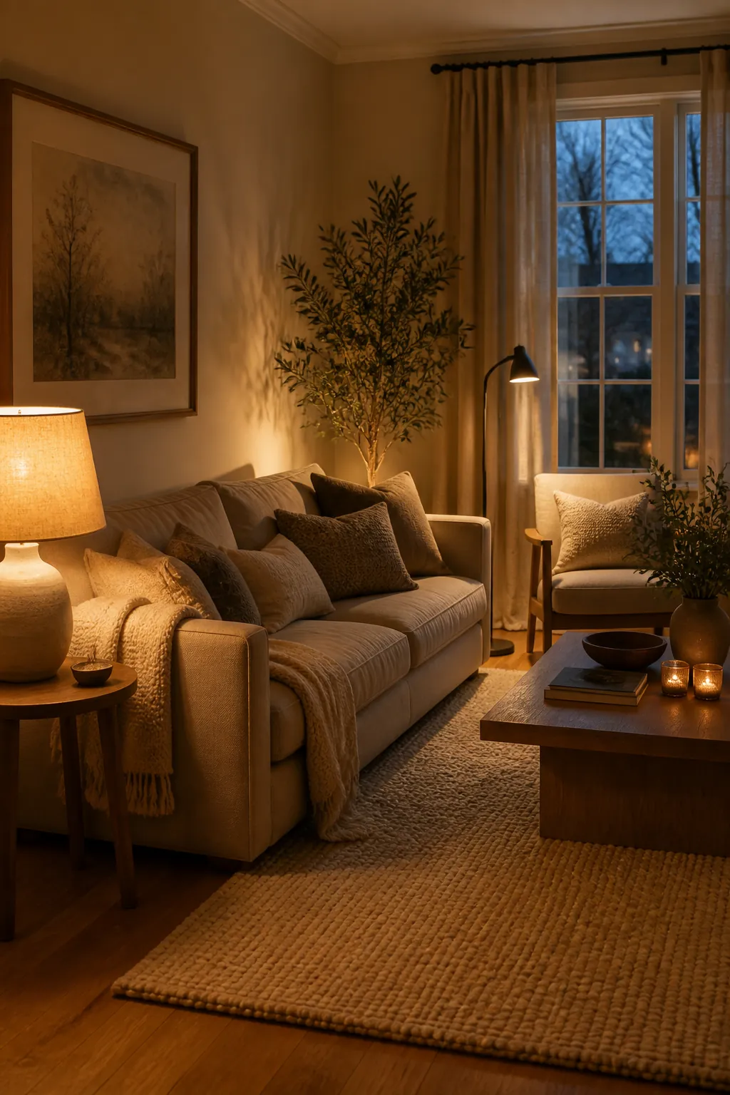 Beige living room with warm layered lighting from table and floor lamps