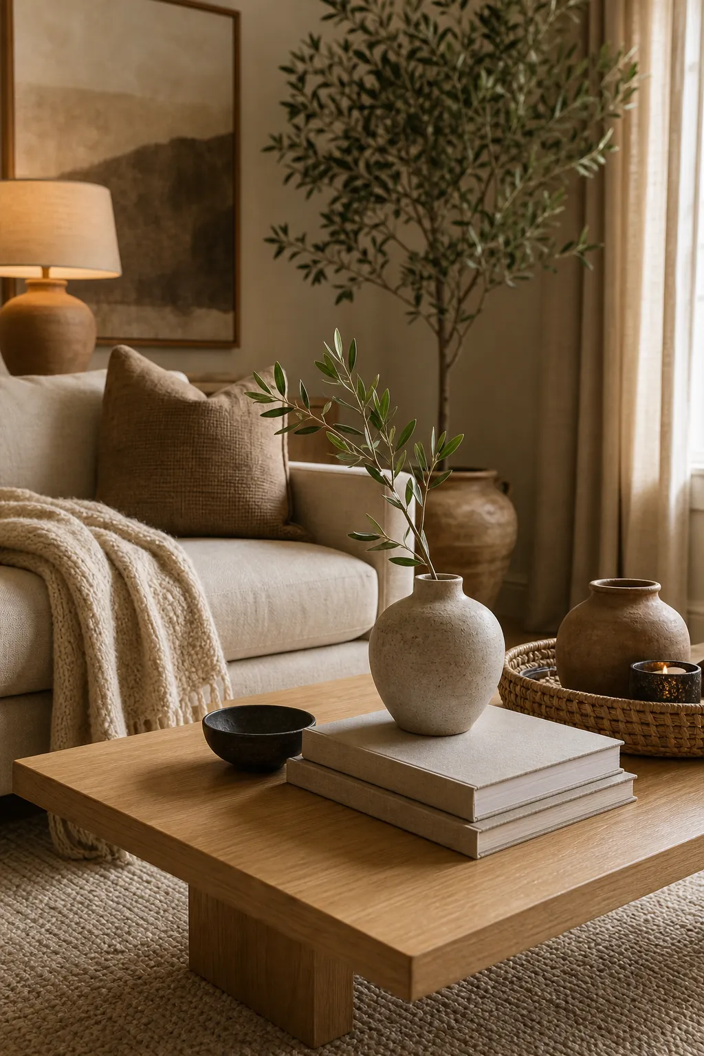 Budget-friendly beige living room vignette with ceramics, books, greenery and woven texture