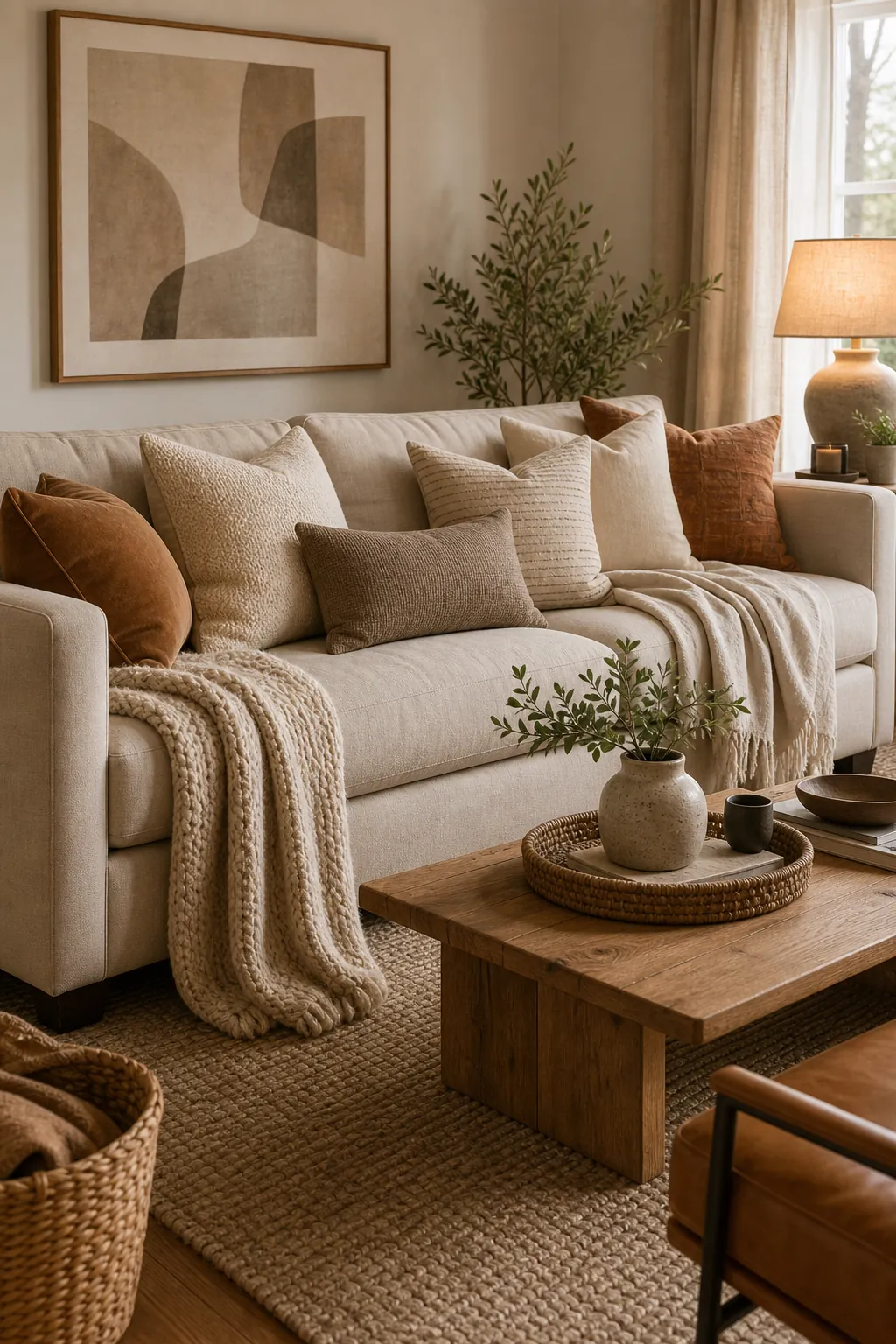 Warm beige sofa styled with layered pillows, throws, wood, rug and soft lighting