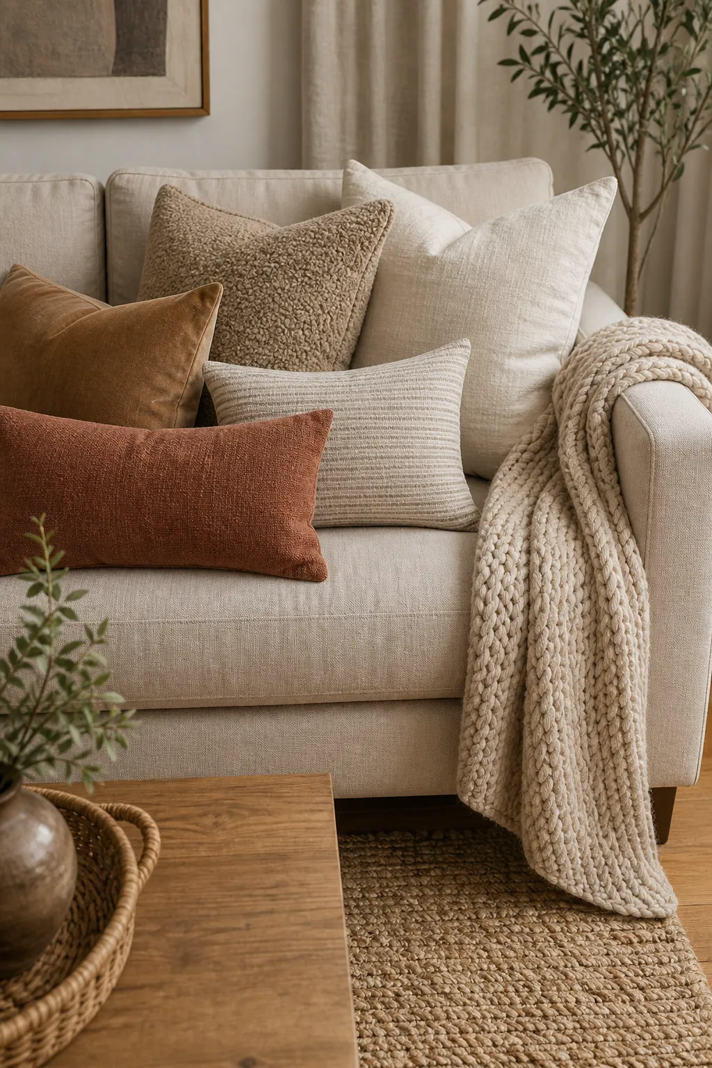 Warm beige sofa styled with varied pillows in linen, boucle, velvet and subtle stripe