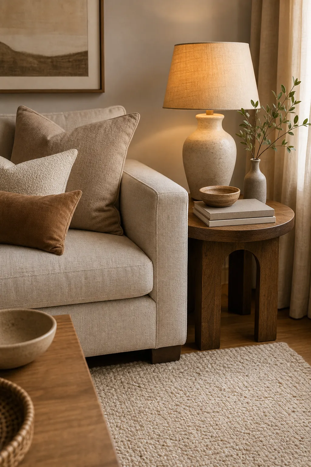Beige sofa styled with side table, ceramic lamp, books and warm lighting