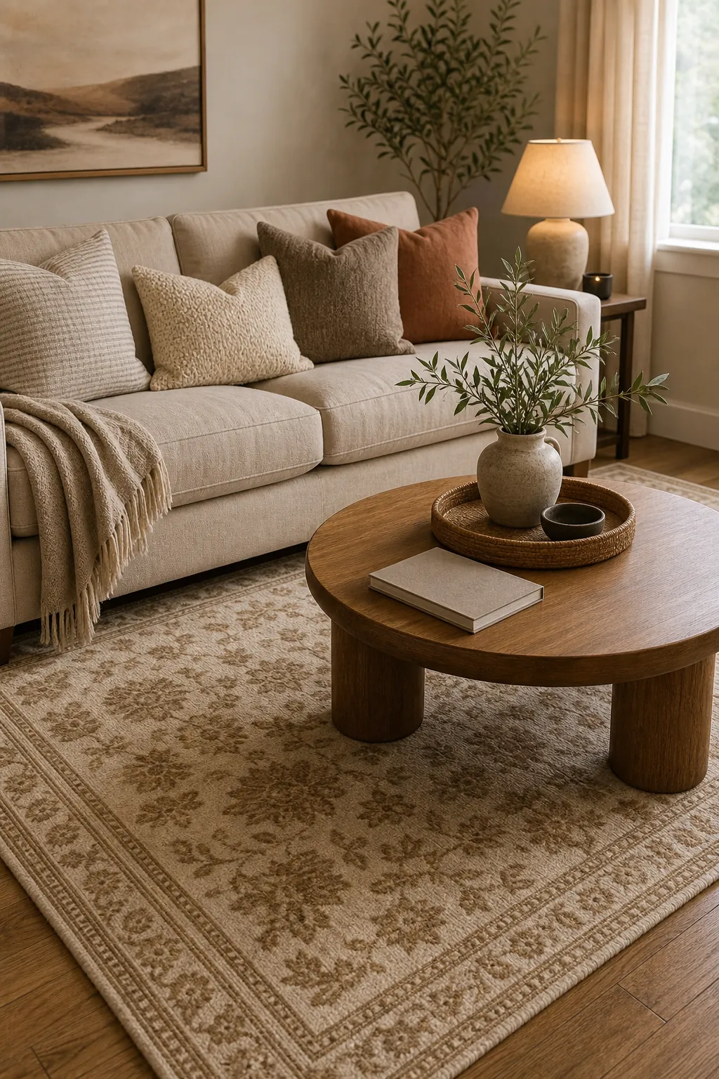 Beige sofa anchored by a warm patterned rug and oak coffee table