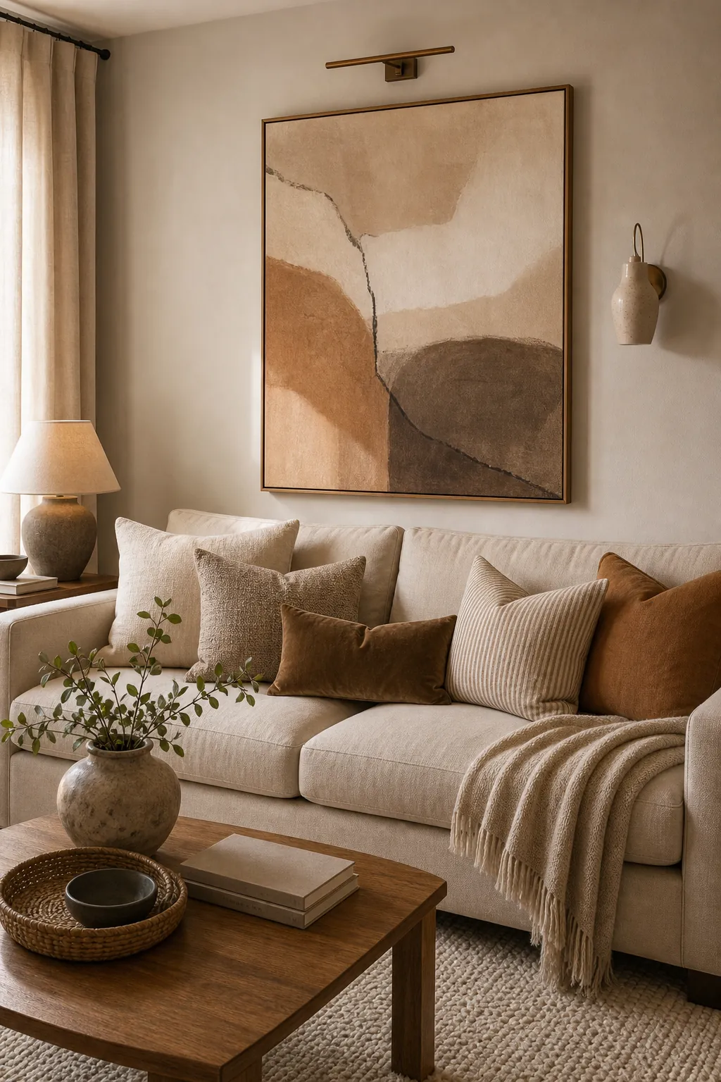 Beige sofa with warm abstract wall art and coordinated neutral pillows