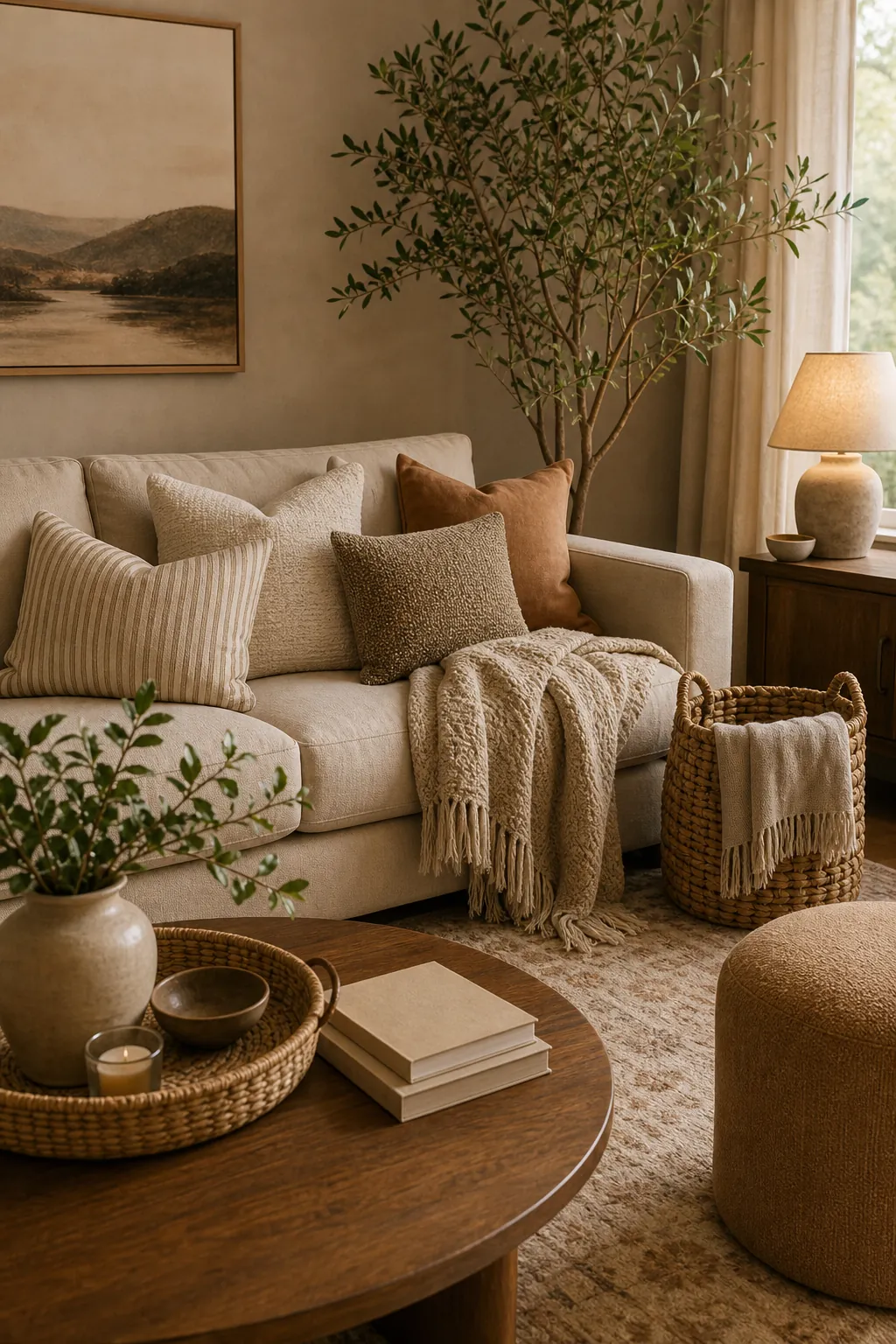 Warm beige sofa styling with basket, plant, pouf, ceramic vase and natural textures
