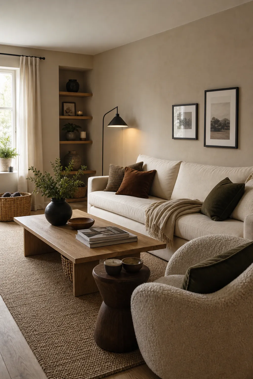 Beige living room layered with textured fabrics, warm wood, black accents, and soft lighting