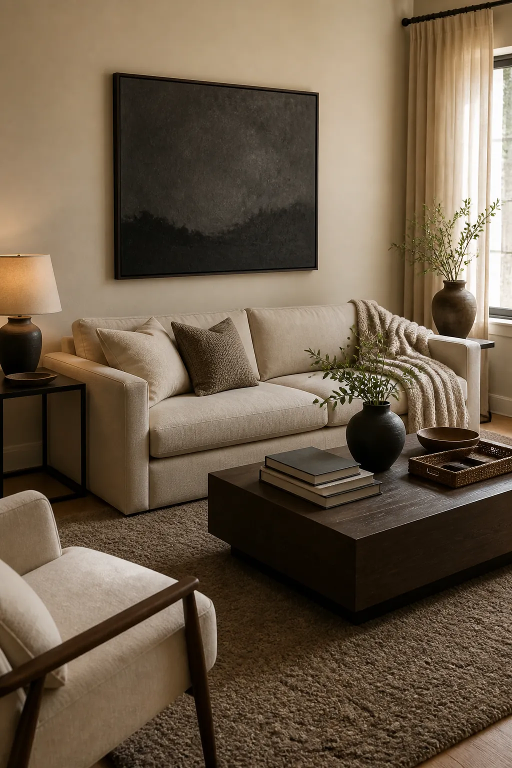 Beige living room using darker art frames, a wood table, and a taupe rug for value contrast