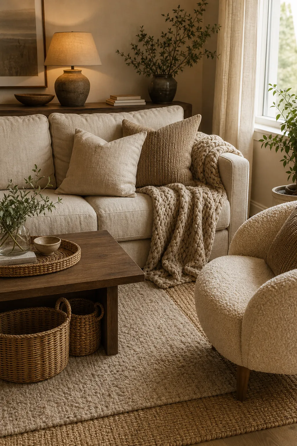Layered beige living room textiles with linen, boucle, jute, wool, and a chunky throw