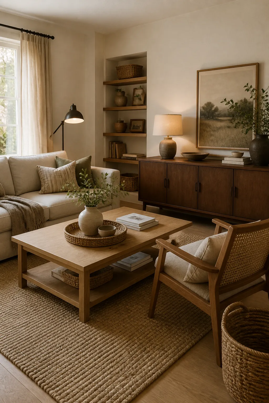 Beige living room warmed with mixed wood tones, woven baskets, and natural decor