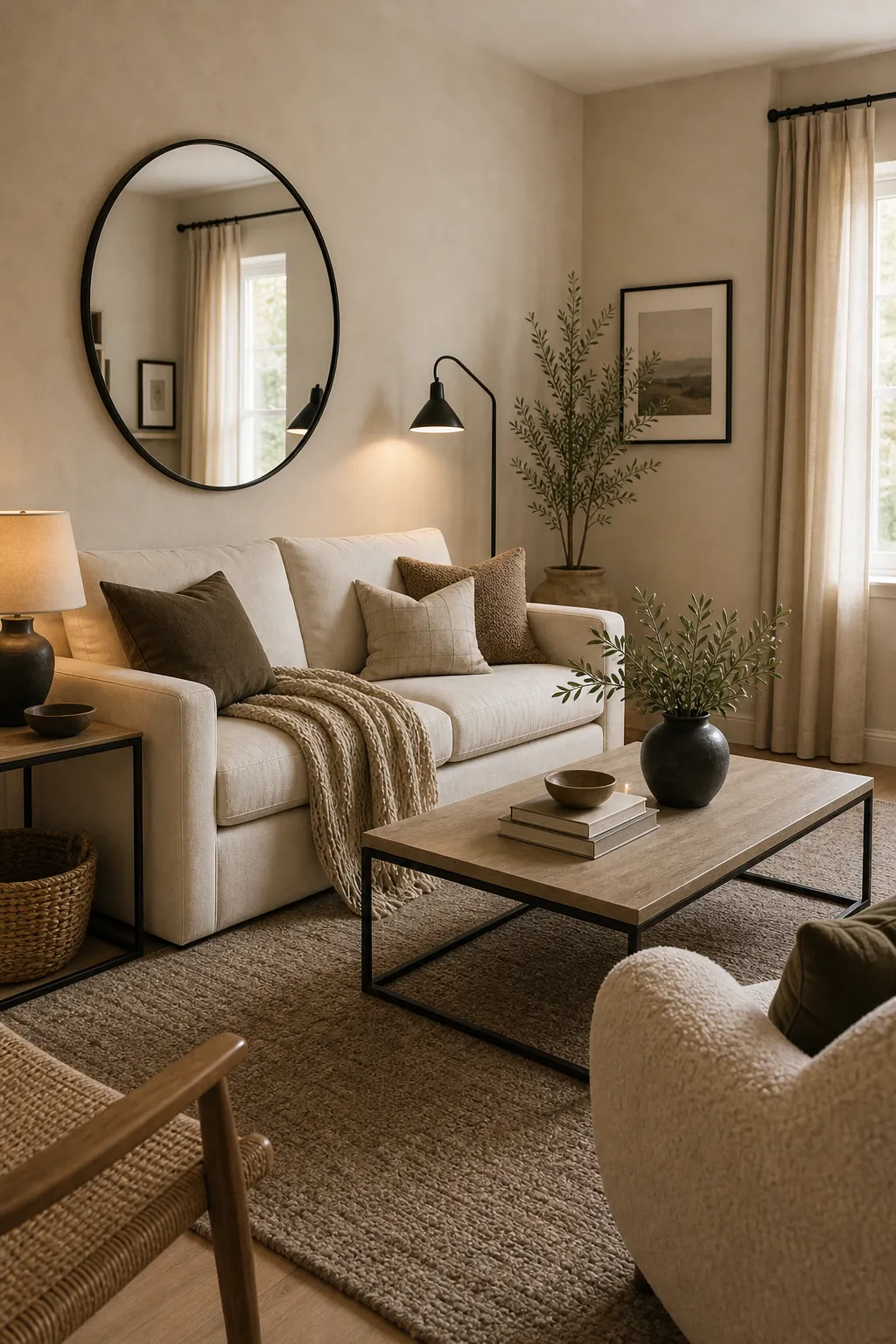 Beige living room with slim black metal accents for crisp contrast