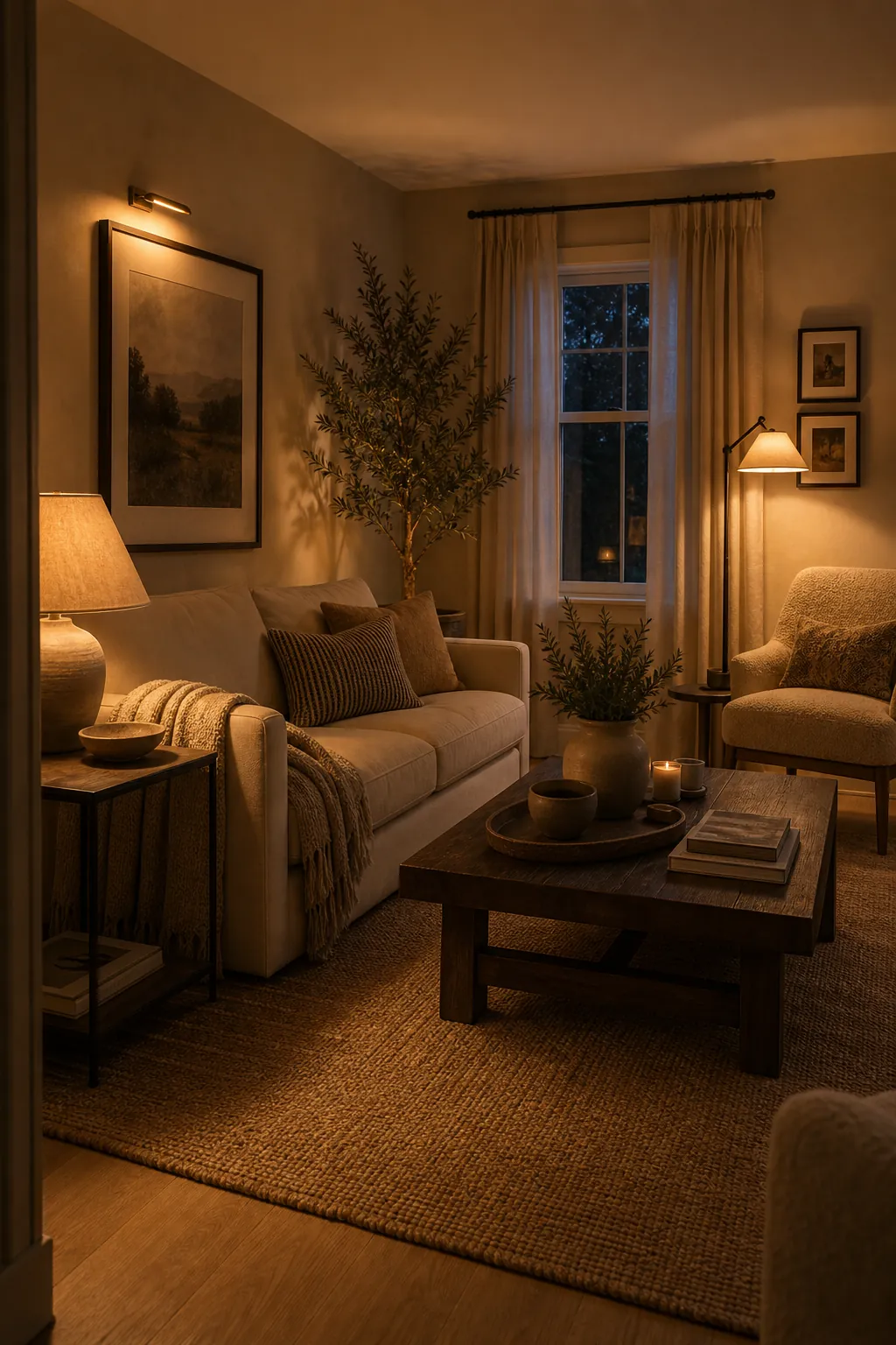 Beige living room made warmer with layered table, floor, and wall lighting