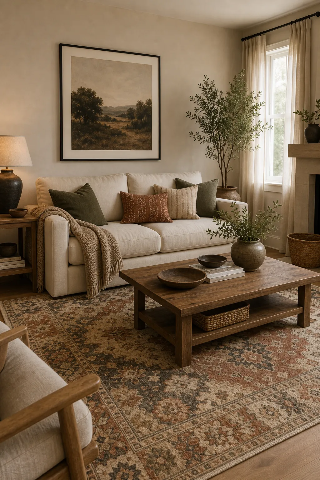 Beige living room palette pulled from patterned rug, art, pillows, and decor accents