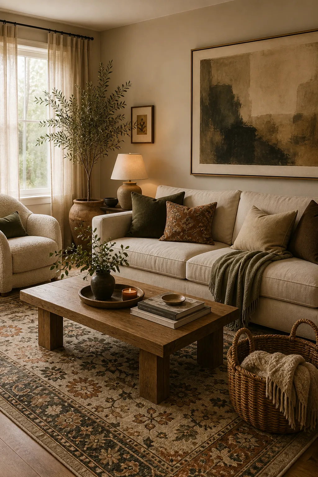 Stylish beige room with statement art, layered rug, natural textures, and warm accent colors