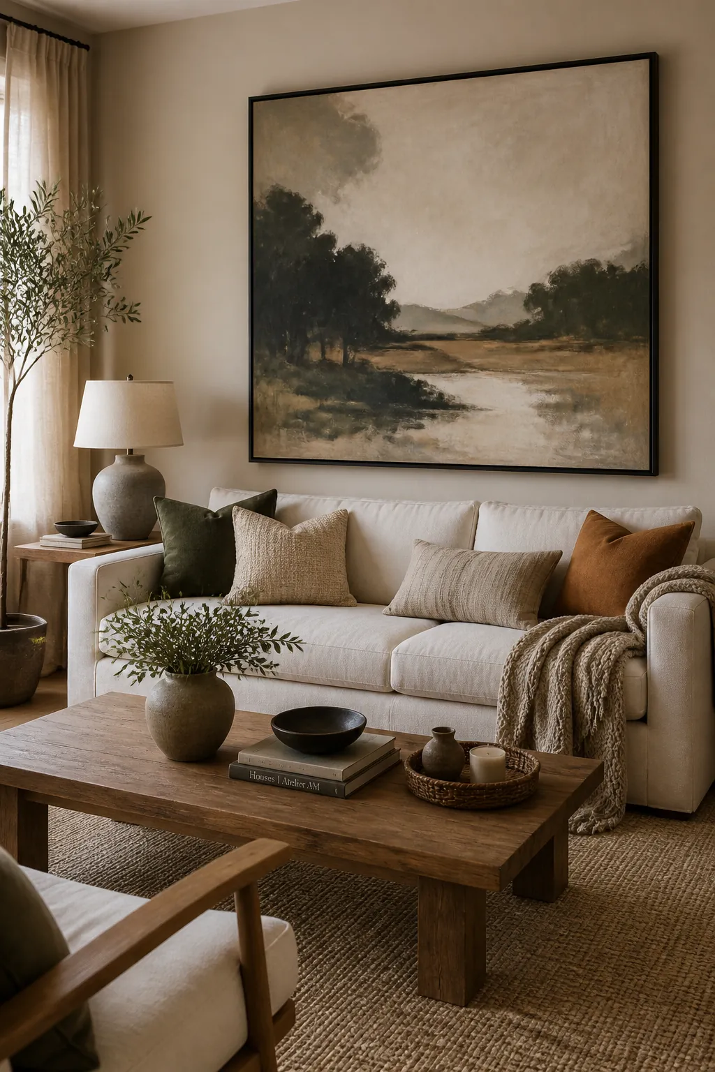 Beige room with large statement wall art creating a clear focal point