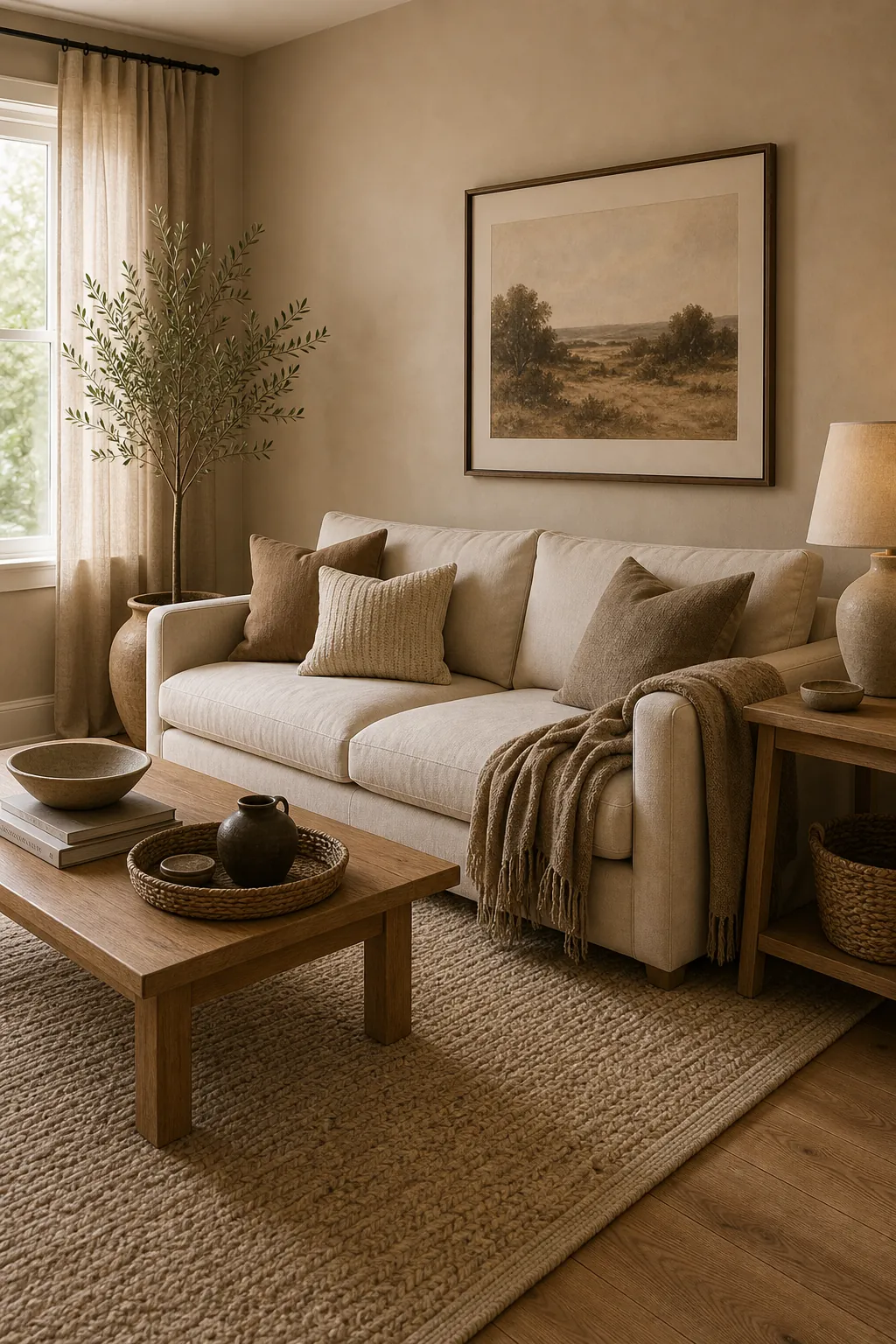 Beige room with warm undertones balanced through rug, curtains, sofa, and wood