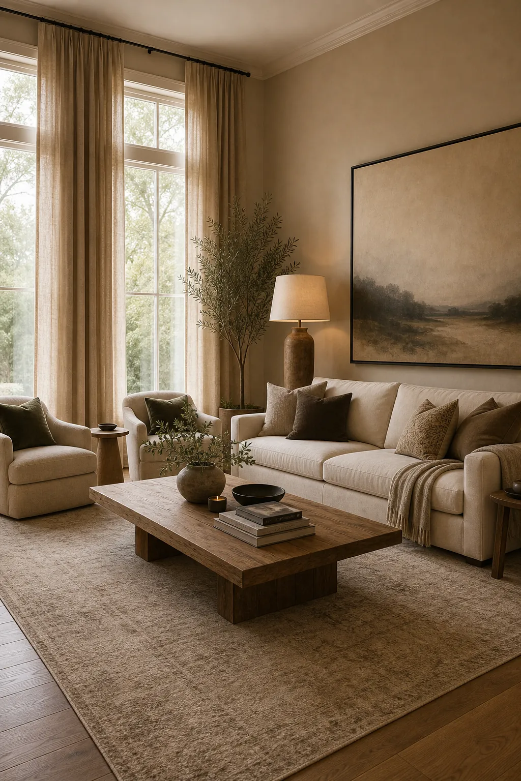 Beige room elevated with oversized rug, full curtains, and larger scale decor