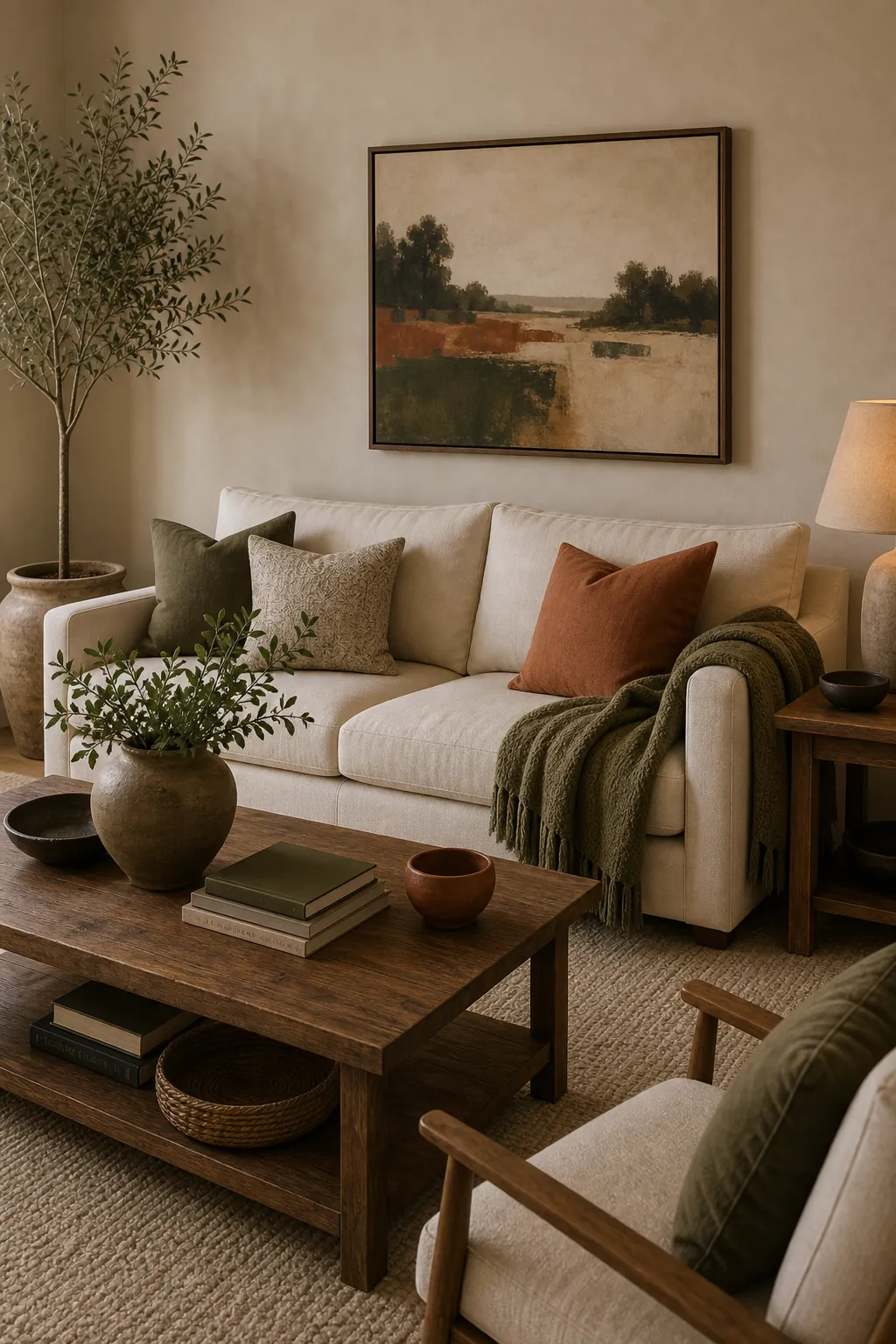 Beige room with muted olive and terracotta accents repeated across pillows, art, and decor