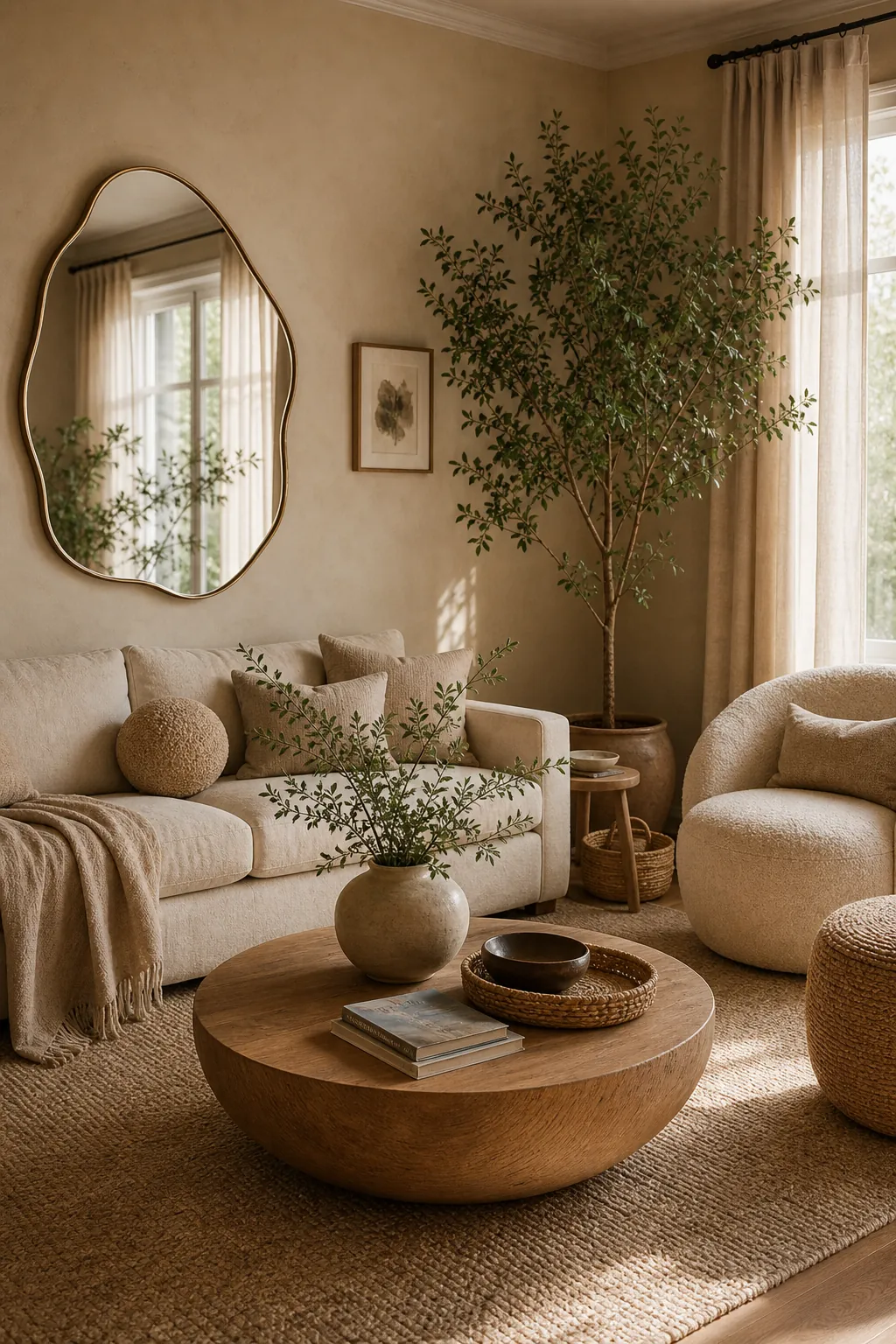 Beige room softened with organic shapes, greenery, curved decor, and natural texture