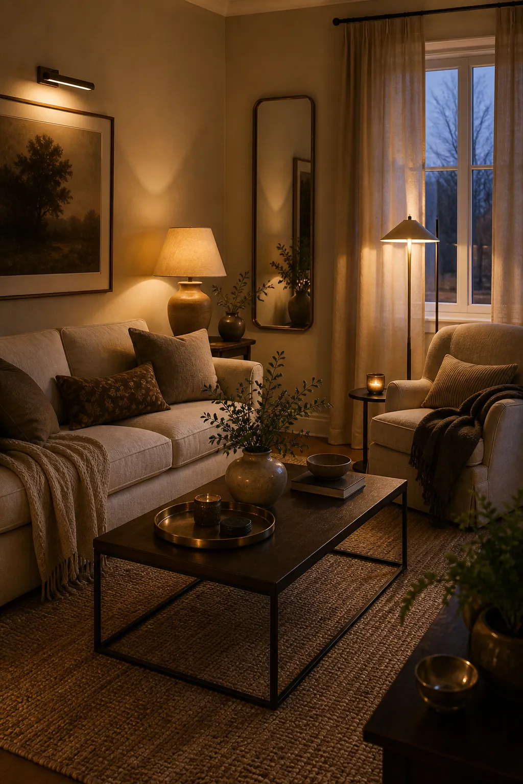 Beige room with layered lamps, warm shadows, and reflective decor accents