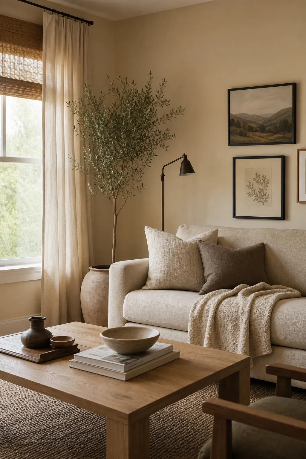 Beige and wood living room with a soft natural layered look
