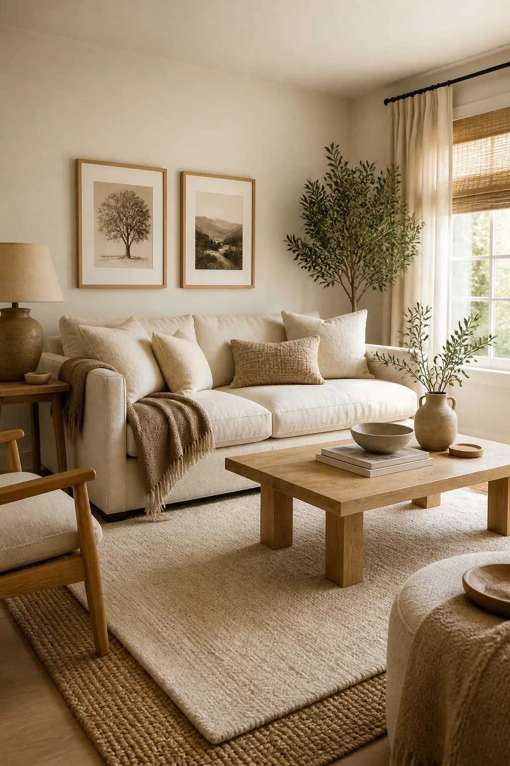 Beige and wood living room with oak coffee table, linen sofa, woven rug, and soft natural styling