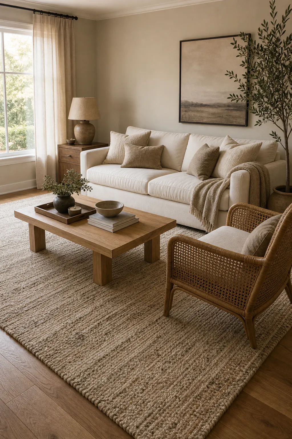 Layered beige living room with mixed wood tones, textured rug, linen curtains, and natural decor