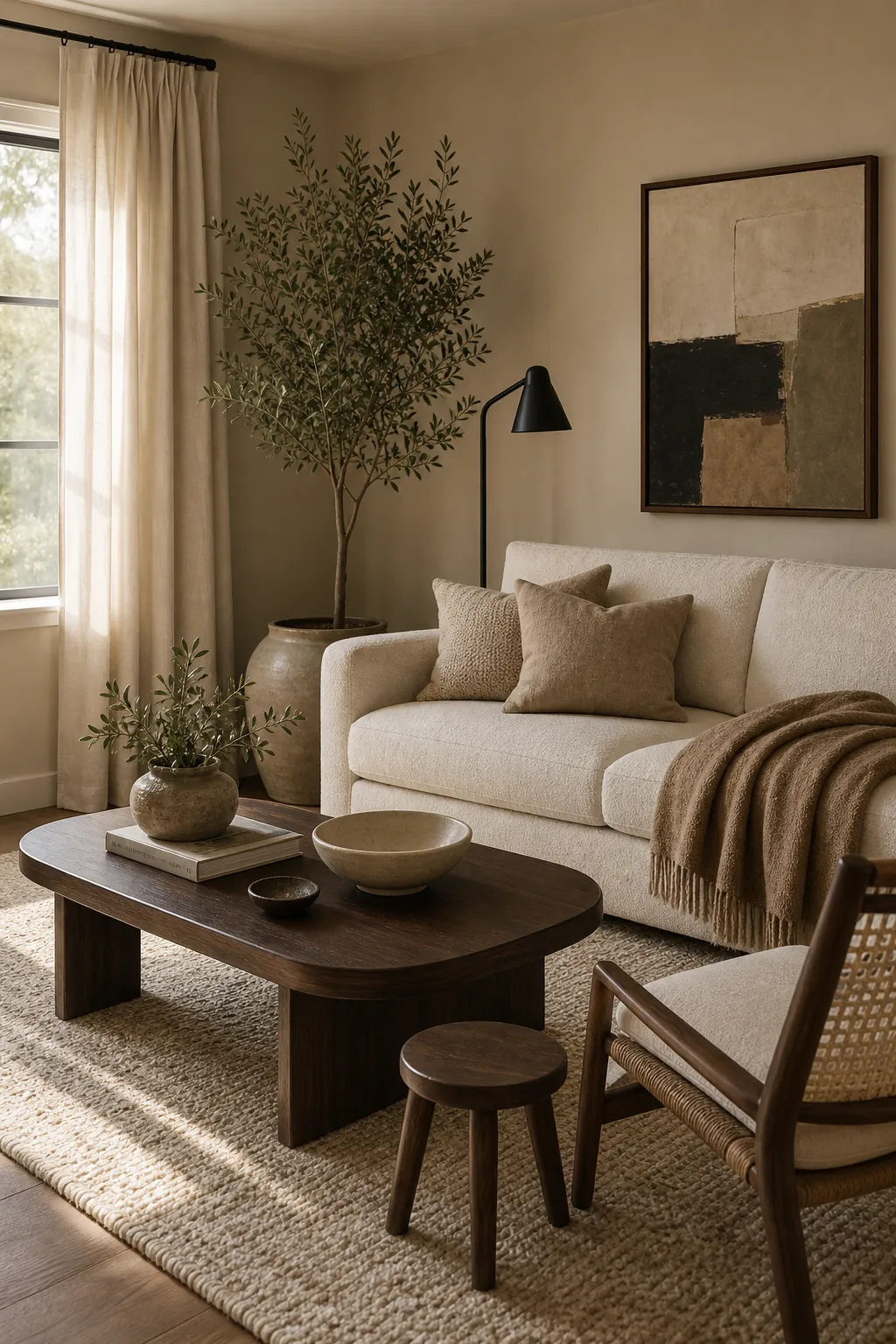 Beige living room with dark walnut accents, warm wood furniture, cream upholstery, and grounded contrast