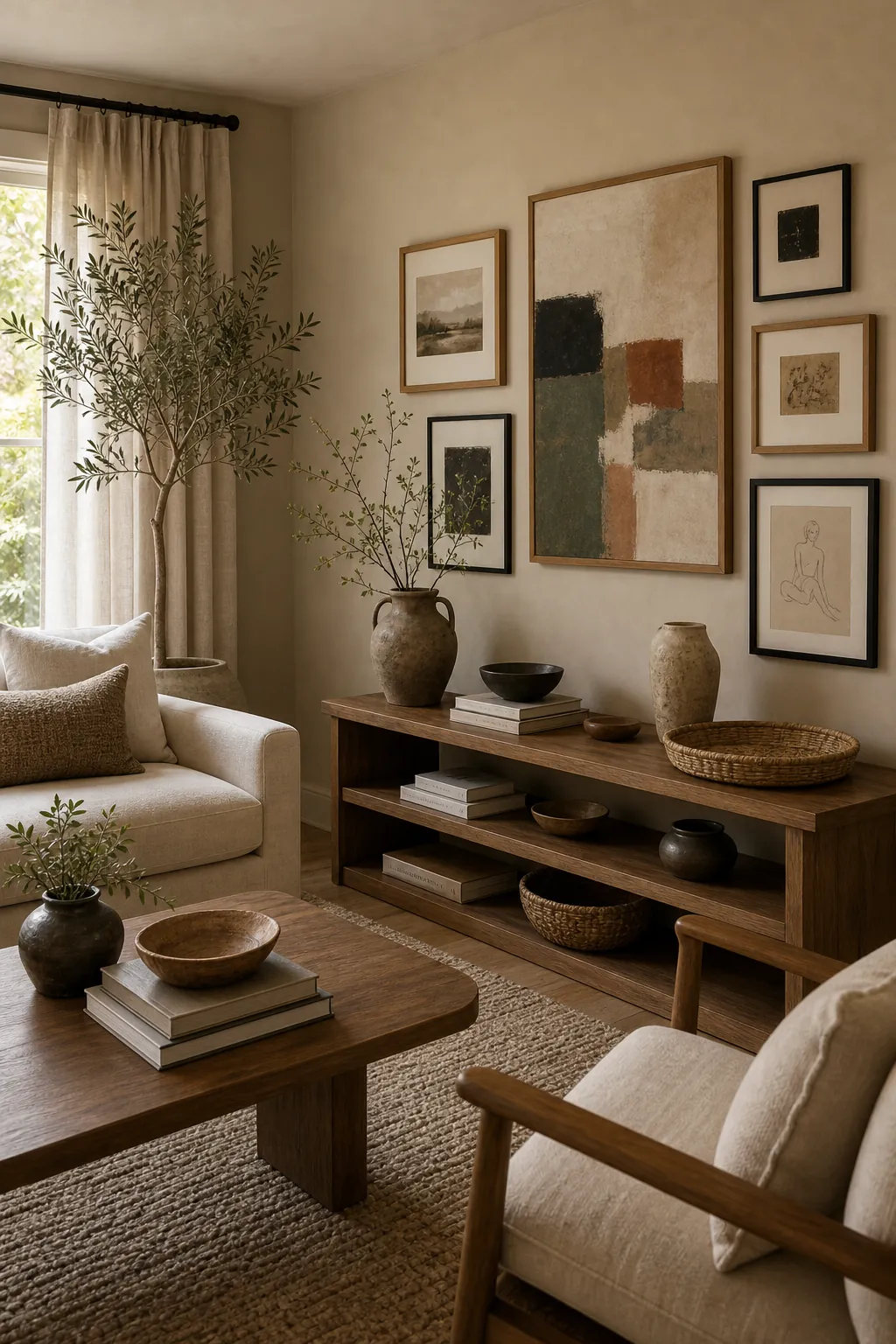 Beige and wood living room with warm gallery art, ceramic decor, wood frames, and textured accents