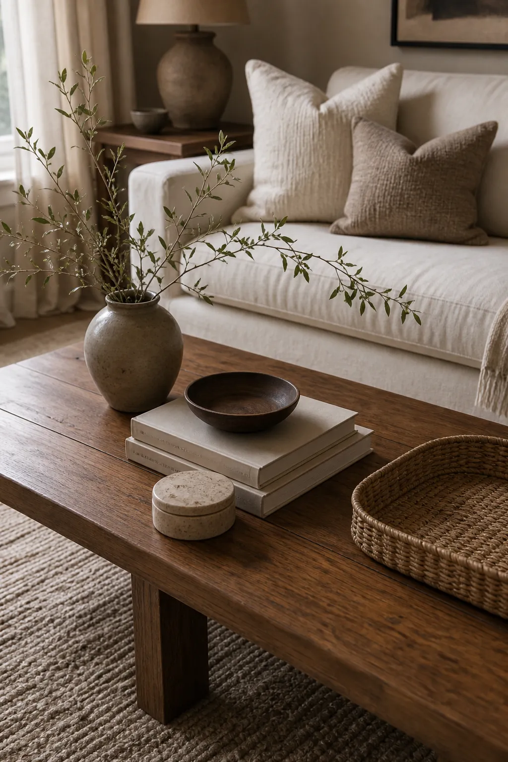 Natural beige living room coffee table styling with books, ceramic vase, wood tray, and textured decor