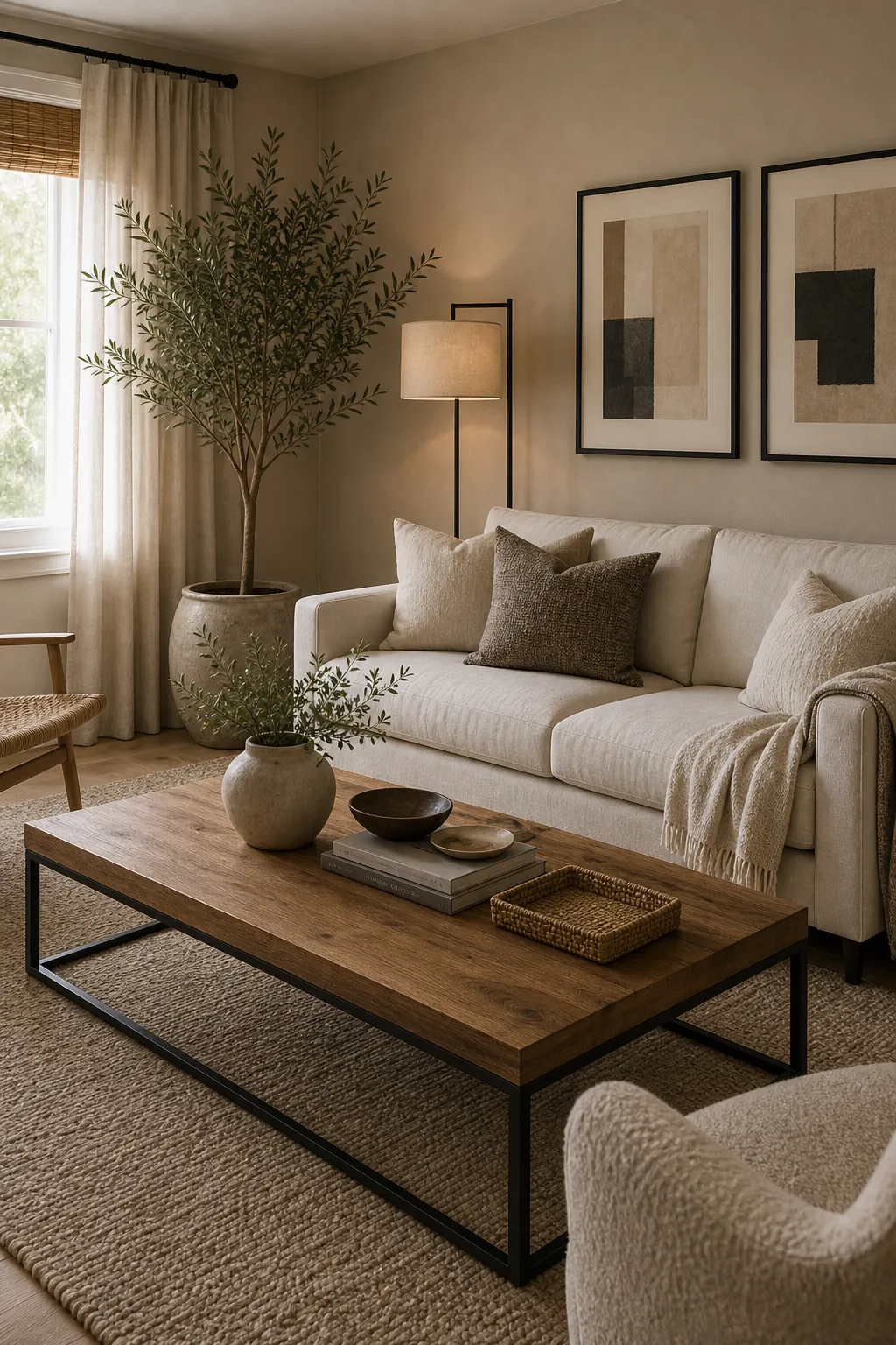 Beige living room with black metal accents and warm natural texture