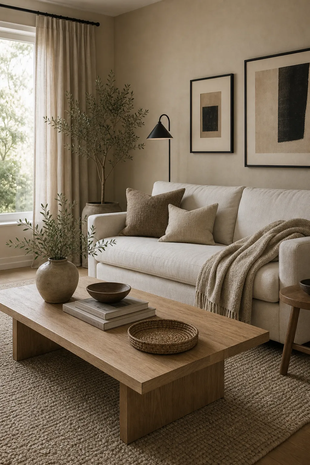 Beige living room with slim black metal accents, linen sofa, wood coffee table, and warm neutral texture