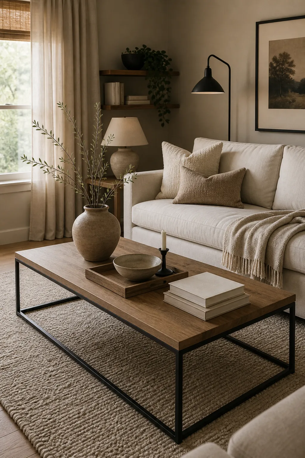 Beige living room with black metal coffee table base, cream sofa, textured rug, and warm wood accents
