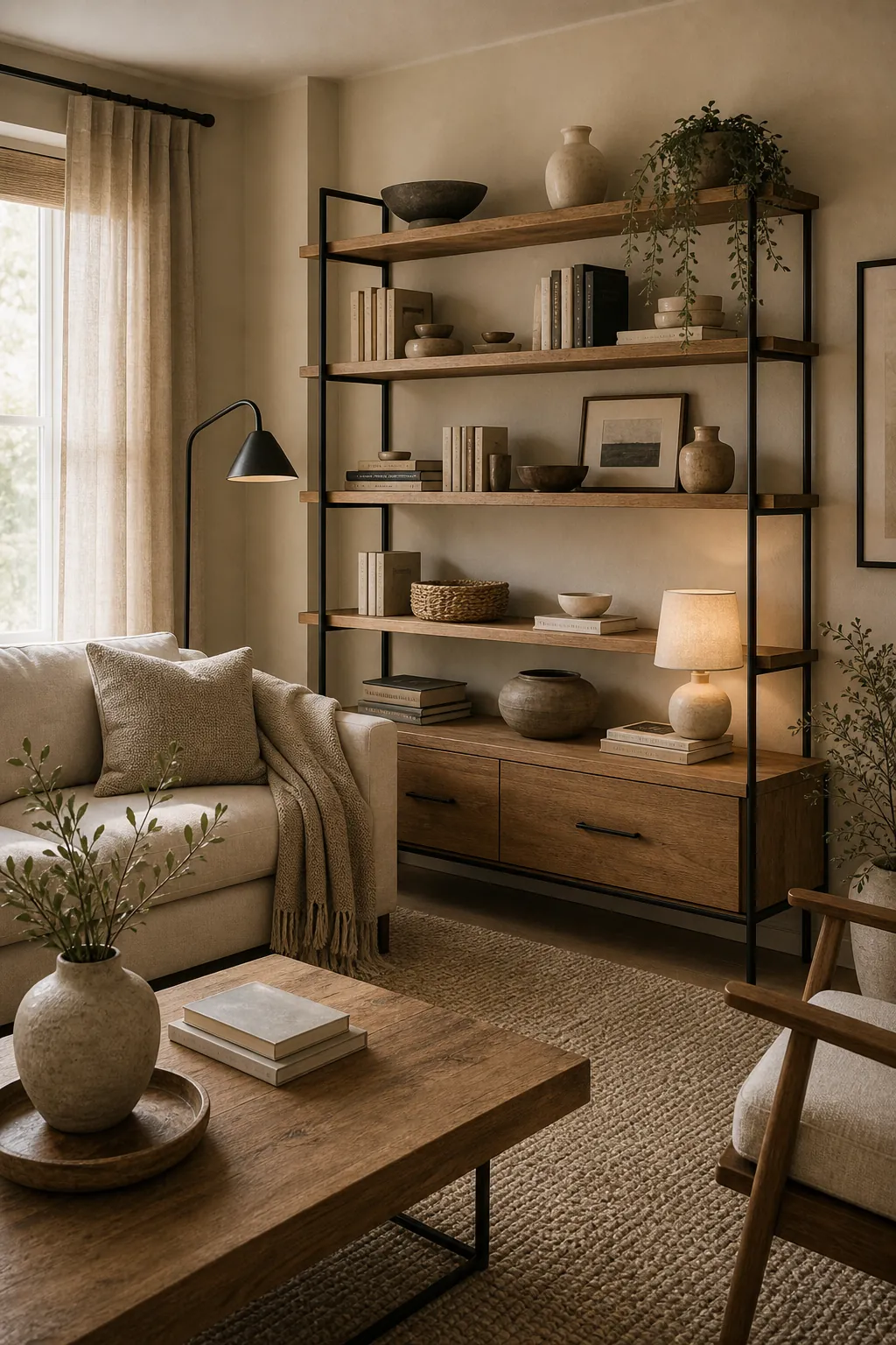 Beige living room with black metal and wood shelves, neutral sofa, ceramics, books, and soft lighting