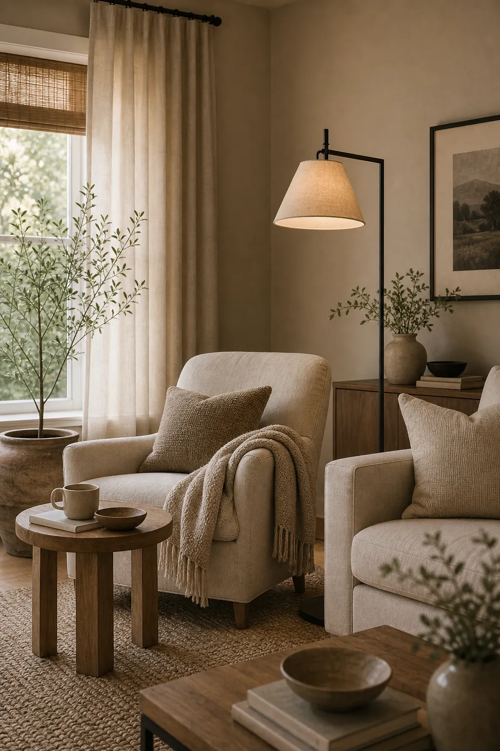 Beige living room with black metal floor lamp, linen shade, warm light, cream sofa, and natural wood accents
