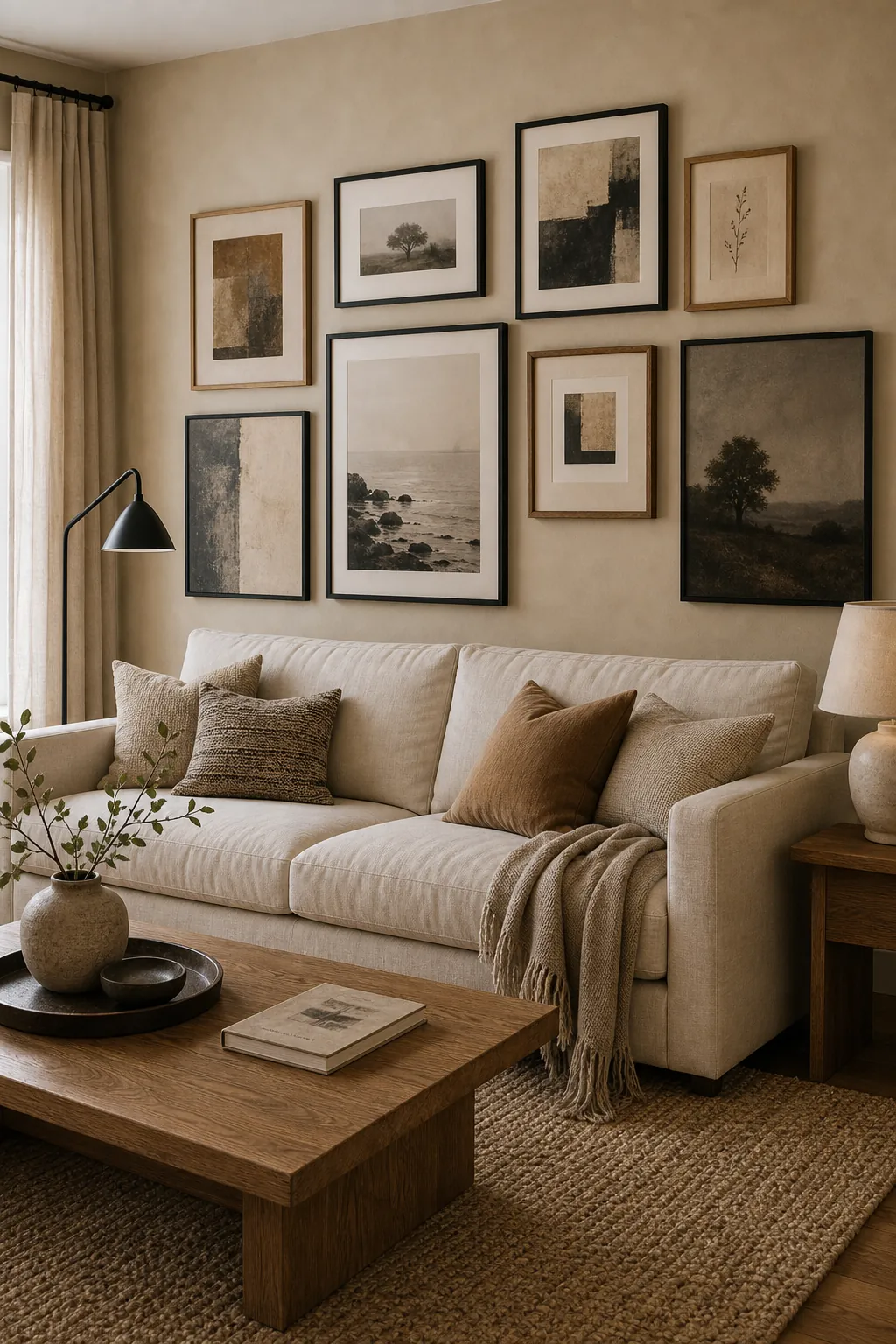 Beige living room with black metal gallery frames, warm abstract art, cream sofa, and textured pillows
